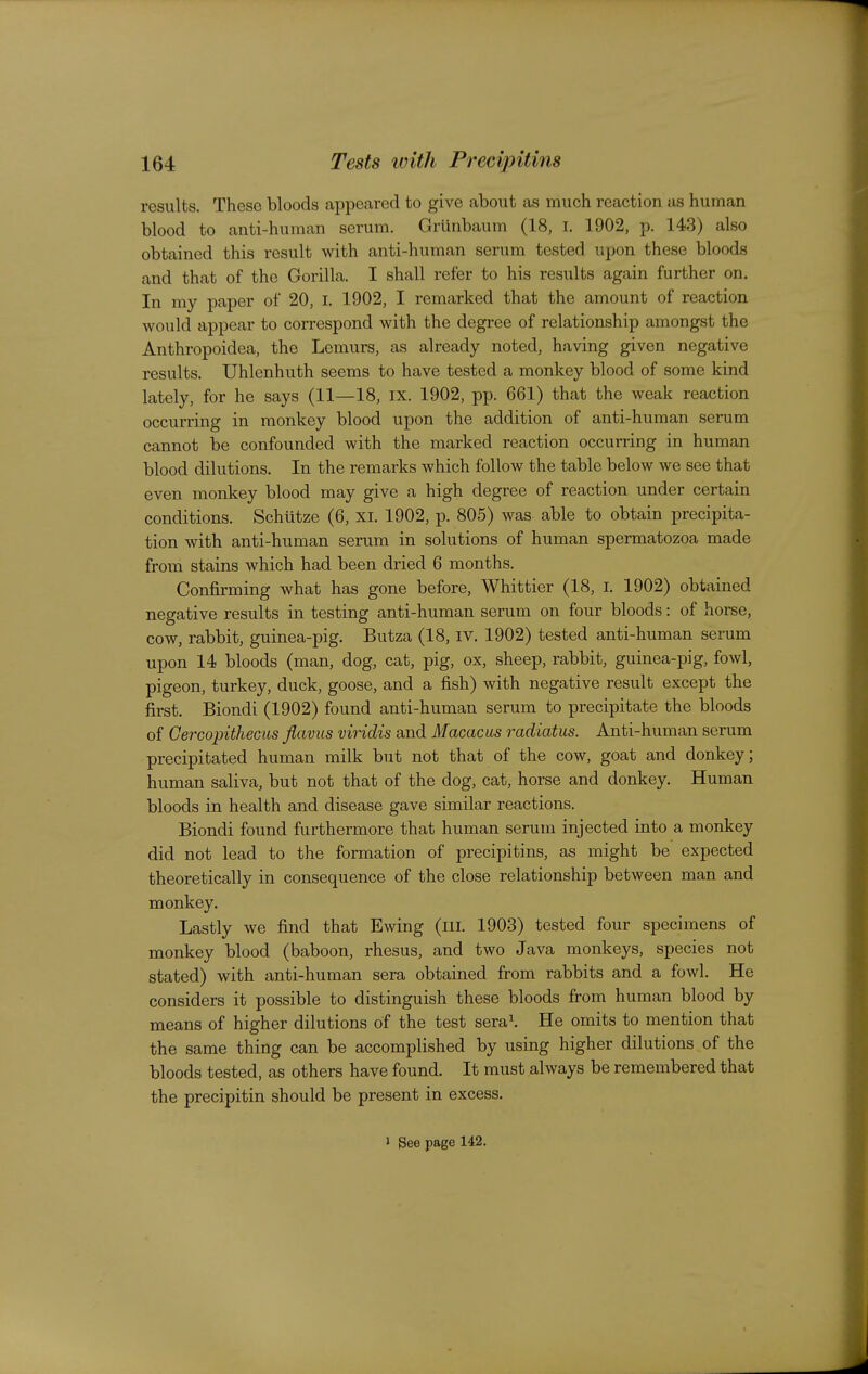 results. These bloods appeared to give about as much reaction as human blood to anti-human serum. Grlinbaum (18, i. 1902, p. 143) also obtained this result with anti-human serum tested upon these bloods and that of the Gorilla. I shall refer to his results again further on. In my paper of 20, I. 1902, I remarked that the amount of reaction would appear to correspond with the degree of relationship amongst the Anthropoidea, the Lemurs, as already noted, having given negative results. Uhlenhuth seems to have tested a monkey blood of some kind lately, for he says (11—18, ix. 1902, pp. 661) that the weak reaction occurring in monkey blood upon the addition of anti-human serum cannot be confounded with the marked reaction occurring in human blood dilutions. In the remarks which follow the table below we see that even monkey blood may give a high degree of reaction under certain conditions. Schutze (6, xi. 1902, p. 805) was able to obtain precipita- tion with anti-human serum in solutions of human spermatozoa made from stains which had been dried 6 months. Confirming what has gone before, Whittier (18, i. 1902) obtained negative results in testing anti-human serum on four bloods: of horse, cow, rabbit, guinea-pig. Butza (18, iv. 1902) tested anti-human serum upon 14 bloods (man, dog, cat, pig, ox, sheep, rabbit, guinea-pig, fowl, pigeon, turkey, duck, goose, and a fish) with negative result except the first. Biondi (1902) found anti-human serum to precipitate the bloods of Cercopithecus fiavus viridis and Macacus radiatus. Anti-human serum precipitated human milk but not that of the cow, goat and donkey; human saliva, but not that of the dog, cat, horse and donkey. Human bloods in health and disease gave similar reactions. Biondi found furthermore that human serum injected into a monkey did not lead to the formation of precipitins, as might be expected theoretically in consequence of the close relationship between man and monkey. Lastly we find that Ewing (ill. 1903) tested four specimens of monkey blood (baboon, rhesus, and two Java monkeys, species not stated) with anti-human sera obtained from rabbits and a fowl. He considers it possible to distinguish these bloods from human blood by means of higher dilutions of the test sera\ He omits to mention that the same thing can be accomplished by using higher dilutions of the bloods tested, as others have found. It must always be remembered that the precipitin should be present in excess. I See page 142,