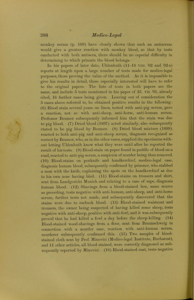 monkey serum (p. 169) have clearly shown that such an antiserum would give a greater reaction with monkey blood, so that by tests conducted with both antisera, there should be no especial difficulty in determining to which primate the blood belongs. In his papers of later date, Uhlenhuth (11-18 viii. '02 and '02 a) reports at length upon a large number of tests made for medico-legal purposes, these proving the value of the method. As it is impossible to give his results in detail, those especially interested will have to refer to the original papers. The lists of tests in both papers are the same, and include 5 tests mentioned in his paper of 25. vii. '01, already cited, 16 further cases being given. Leaving out of consideration the 5 cases above referred to, he obtained positive results in the following: (6) Blood stain several years on linen, tested with anti-pig serum, gave a reaction, not so with anti-sheep, anti-horse, anti-human serum. Professor Beumer subsequently informed him that the stain was due to pig blood. (7) Dried blood (1897) acted similarly, also subsequently Ftated to be pig blood by Beumer. (8) Dried blood mixture (1899). reacted to both anti-pig and anti-sheep serum, diagnosis recognized as correct by Beumer, who, as in the other cases, supplied the specimens with- out letting Uhlenhuth know what they were until after he reported the result of his tests. (9) Blood-stain on paper found in puddle of blood on a road, reacted to anti-pig serum, a suspicion of murder being thus removed. (10) Blood-stains on penknife and handkerchief, medico-legal case, diagnosis human blood, subsequently confirmed by prisoner, who stabbed a man with the knife, explaining the spots on the handkerchief as due to his own nose having bled. (11) Blood-stains on trousers and shirt, sent from Landgericht Munich and relating to a case of rape, diagnosis human blood. (12) Shavings from a blood-stained box, same source as preceding, tests negative with anti-human, anti-sheep, and anti-horse serum, further tests not made, and subsequently discovered that the stains were due to roebuck blood. (13) Blood-stained waistcoat and trousers, the owner being suspected of having killed some sheep, tests negative with anti-sheep, positive with anti-fowl, and it was subsequently proved that he had killed a fowl a day before the sheep-killing. (14) Blood-stained wood-shavings from a floor, sent from Braunschweig in connection with a murder case, reaction with anti-human serum, murderer subsequently confirmed this. (15) Two samples of blood- stained cloth sent by Prof Minovici (Medico-legal Institute, Bucharest), and 11 other articles, all blood-stained, were correctly diagnosed as sub- sequently reported by Minovici. (16) Blood-stained coat, tests negative