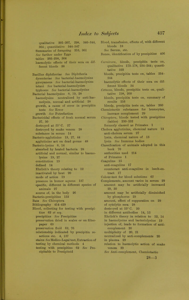 qualitative 201-207, 298, 340-344, 364 ; quantitative 344-347 Summaries of foregoing 216, 361 See further under Eggs tables 266-298, 364 haemolytic effects of their sera on dif- ferent bloods 38 Bacillus diphtherial See Diphtheria dysenteriae See bacterial-haemolysins pyocyaueus See bacterial-haemolysins tetani See bacterial-haemolysins typhosus See bacterial-haemolysins Bacterial haemolysins 8, 19, 28 haemolysins neutralized by anti-hae- molysin, normal and artificial 28 growth, a cause of error in precipitin tests See Error growth See Putrefaction Bactericidal effects of fresh normal serum 27, 30 destroyed at 55° C. 27 destroyed by snake venom 28 substance in serum 14 Bacterio-agglutinins 13, 27, 44 agglutinins act on dead germs 48 Bacterio-lysins 8, 14 absorbed by heated bacteria 28 artificial and normal, similar to haemo- lysins 19, 27 constitution 19 defined 14 Ehrlich's theory relating to 12 inactivated by heat 20 mode of action 19 presence in humor aqueus 127 specific, different in different species of animals 27 source of, in the body 26 Bacterio-precipitins 152 Bats See Chiroptera Bibliography 414-429 Blood, collecting for testing with precipi- tins 62 et seq. precipitins See Precipitins preservation dried in scales or on filter- paper 63 preservation fluid 62, 76 relationship indicated by precipitin re- actions etc. 4, 137 stains See Medico-Legal test, Extraction of testing by chemical methods 4 testing with precipitins 62 See Pre- cipitable to Precipitoid Blood, transfusion, effects of, with different bloods 18 See Serum, etc. Bones, identification of by precipitins 406 Carnivora, bloods, precipitin tests on, qualitative 173-178, 234-244; quanti- tative 322 bloods, precipitin tests on, tables 234- 244 haemolytic effects of their sera on dif- ferent bloods 34 Cetacea, bloods, precipitin tests on, quali- tative 198, 260 bloods, precipitin tests on, summary of results 216 bloods, precipitin tests on, tables 260 Chemiotactic substances for leucocytes, increase complement 29 Chiroptera, bloods tested with precipitins (tables) 230-232 formerly classed as Primates 1 Cholera agglutinins, chemical nature 13 anti-cholera serum 27 lysin, chemical nature of 13 lysin See Immune bodies Classification of animals adopted in this book 70 authorities used 214 of Primates 1 Coagulins 15 anti-coagulins 17 counteract anti-coaguUns in leech-ex- tract 17 Colour-test for blood solutions 67 Complements, amount varies in serum 29 amount may be artificially increased 29, 30 amount may be artificially diminished by phosphorus 29 amount, effect of suppuration on 29 of cytolytic sera 28 destroyed at 55° C. 20 in different antibodies 14, 15 Ehrlich's theory in relation to 12, 14 in haemolysins and bacteriolysins 19 injection of, leads to formation of anti- complement 20 multiplicity of 20, 21 neutralized by anti-complements 20 in plasma 29 relation to haemolytic action of snake venom 29 See Anti-complement, Chemiotactic 28—3