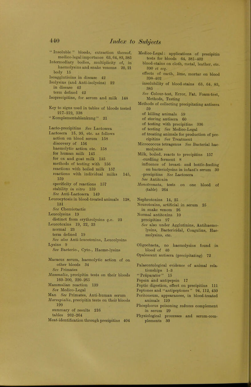  Insoluble  bloods, extinction thereof, medico-legal importance 63, 64, 83, 385 Intermediary bodies, multiplicity of, in baemolysins and snake venoms 20, 21 body 15 Isoagglutinins in disease 42 Isolysins (and Anti-isolysins) 22 in disease 42 term defined 42 Isoprecipitins, for serum and milk 148 Key to signs used in tables of bloods tested 217-219, 838  Komplementablenkung  21 Lacto-precipitins See Lactosera Lactosera 15, 95, etc. as follows action on blood serum 158 discovery of 156 haemolytic action etc. 158 for human milk 145 for ox and goat milk 135 methods of testing with 156 reactions with boiled milk 157 reactions with individual milks 145, 159 specificity of reactions 157 stability in vitro 159 See Anti-Lactosera 149 Leucocytosis in blood-treated animals 128, 131 See Chemiotactic Leucolysins 19 distinct from erythrolysins q.v. 23 Leucotoxins 19, 22, 23 normal 23 term defined 19 See also Anti-leucotoxins, Leucolysins Lysins 9 See Bacterio-, Cyto-, Haemo-lysins Macacus serum, haemolytic action of on other bloods 34 See Primates Mammalia, precipitin tests on their bloods 160-200, 220-265 Mammalian reaction 139 See Medico-Legal Man See Primates, Anti-human serum Marsupialia, precipitin tests on their bloods 199 summary of results 216 tables 262-264 Meat-identification through precipitins 404 Medico-Legal: applications of precipitin tests for bloods 64, 381-402 blood-stains on cloth, metal, leather, etc. 390 et seq. effects of earth, lime, mortar on blood 398-402 insolubility of blood-stains 63, 64, 83, 385 See Colour-test, Error, Fat, Foam-test, Methods, Testing Methods of collecting precipitating antisera 59 of killing animals 59 of storing antisera 60 of testing with precipitins 336 of testing See Medico-Legal of treating animals for production of pre- cipitins See Treatment Micrococcus tetragenus See Bacterial bae- molysins Milk, boiled, reacts to precipitins 157 -curdUng ferment 8 influence of breast- and bottle-feeding on bacteriolysins in infant's serum 30 -precipitins See Lactosera See Antitoxin Monotremata, tests on one blood of (table) 264 Nephrotoxins 14, 25 Neurotoxins, artificial in serum 25 in snake venom 26 Normal antitoxins 10 precipitins 97 See also under Agglutinins, Antihaemo- lysins, Bactericidal, Coagulins, Hae- molysins, etc. Oligochaeta, no haemolysins found in blood of 40 Opalescent antisera (precipitating) 72 Palaeontological evidence of animal rela- tionships 1-3 Praparator 15 Pepsin and antipepsin 17 Peptic digestion, effect on precipitins 111 Peptones and antipeptones  94, 112, 430 Peritoneum, appearances, in blood-treated animals 129 Phosphorus poisoning reduces complement in serum 29 Physiological processes and serum-cotn- plements 30