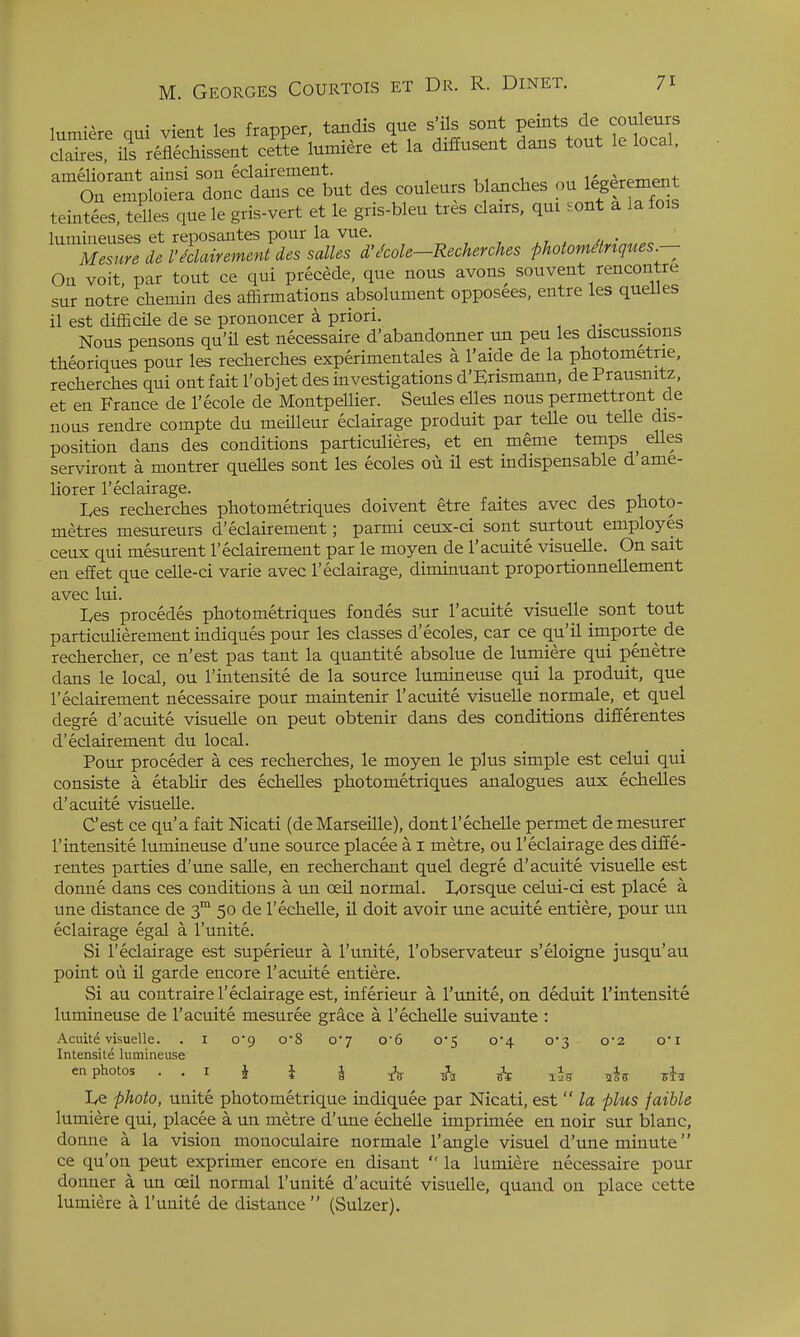 lumiere qui vient les frapper, tandis que s^ils sont pexnts de couleurs Claires, ils reflechissent cette lumiere et la diffusent dans tout le local, flineliorant ainsi sou eclairement. , Ou emploTera done daxis ce but des couleurs blanches ou legeremen teintees, telles que le gris-vert et le gris-bleu tres clairs, qui .out a la fois lumineuses et reposantes pour la vue. Mesure de I'Mairement des salles d'</cole-Recherches photom/tngues - Ou volt, par tout ce qui precede, que nous avons souvent rencontre sur notre chemin des affirmations absolument opposees, entre les queiles il est difficile de se prononcer k priori. Nous pensons qu'il est necessaire d'abandonner un peu les discussions theoriques pour les recherches experinientales a I'aide de la pbotometrie, recherches qui out fait I'objet des investigations d'Erismann, de Prausnitz, et en France de I'ecole de Montpellier. Seules elles nous permettront de nous rendre compte du meilleur eclairage produit par telle ou telle dis- position dans des conditions particulieres, et en meme temps ^ elles serviront a montrer queiles sont les ecoles ou il est indispensable d'ame- liorer 1'eclairage. Les recherches photometriques doivent etre faites avec des photo- metres mesureurs d'eclairement; parmi ceux-ci sont surtout employes ceux qui mesurent 1'eclairement par le moyen de I'acuite visuelle. On salt en efEet que celle-ci varie avec 1'eclairage, diminuant proportionnellement avec lui. Les procedes photometriques fondes sur I'acuite visuelle sont tout particulierement indiques pour les classes d'ecoles, car ce qu'il importe de rechercher, ce n'est pas tant la quantite absolue de lumiere qui penetre dans le local, ou I'intensite de la source lumineuse qui la produit, que I'eclairement necessaire pour maintenir I'acuite visuelle normale, et quel degre d'acuite visuelle on pent obtenir dans des conditions differentes d'eclairement du local. Pour proceder a ces recherches, le moyen le plus simple est celui qui consiste a etablir des echelles photometriques analogues aux echelles d'acuite visuelle. C'est ce qu'a fait Nicati (de Marseille), dont I'echelle permet de mesurer I'intensite lumineuse d'une source placee a i metre, ou I'eclairage des diffe- rentes parties d'une salle, en recherchant quel degre d'acuite visuelle est donne dans ces conditions a xm ceil normal. Lorsque celui-ci est place a une distance de 3™ 50 de I'echelle, il doit avoir une acuite entiere, pour un eclairage egal a I'unite. Si I'eclairage est superieur a I'unite, I'observateur s'eloigne jusqu'au point oii il garde encore I'acuite entiere. Si au contraire I'eclairage est, inferieur a I'lmite, on deduit I'intensite lumineuse de I'acuite mesuree grace a I'echelle suivante : Acuite visuelle. . i o'g o8 0*7 o'6 0*5 0*4 0'3 o2 o'l Intensite lumineuse en photos . . I J i J ^ lis 5k drtf Le photo, unite photometrique indiquee par Nicati, est  la plus faible lumiere qui, placee a un metre d'une echelle imprimee en noir sur blanc, donne a la vision mouoculaire normale Tangle visuel d'une minute ce qu'on pent exprimer encore en disant  la lumiere necessaire pour donner a tm oeil normal I'unite d'acuite visuelle, quand on place cette lumiere a I'unite de distance (Sulzer).