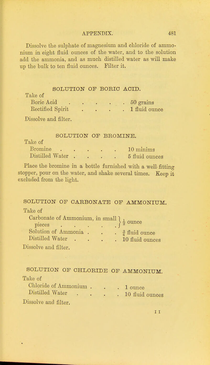 Dissolve the sulphate of magnesium and chloride of ammo- nium in eight fluid ounces of the water, and to the solution add the ammonia, and as much distilled water as will make up the bulk to ten fluid ounces. Filter it. Take of Boric Acid 50 grains Eectified Spirit .... 1 fluid ounce Dissolve and filter. Bromine 10 minims Distilled Water .... 5 fluid ounces Place the bromine in a bottle furnished with a well- fitting stopper, pour on the water, and shake several times. Keep it excluded from the light. SOLUTION OF OARBOITATB OF AMMONIUM. Take of Carbonate of Ammonium, in small 1 ^ Solution of Ammonia . . . | fluid ounce Distilled Water .... 10 fluid ounces Dissolve and filter. SOLUTION OF CHLORIDE OF AMMONIUM. Take of Chloride of Ammonium . . .1 ounce Distilled Water .... 10 fluid ounces Dissolve and filter. SOLUTION OF BORIO ACID. SOLUTION OF BROMINE. Take of pieces 11