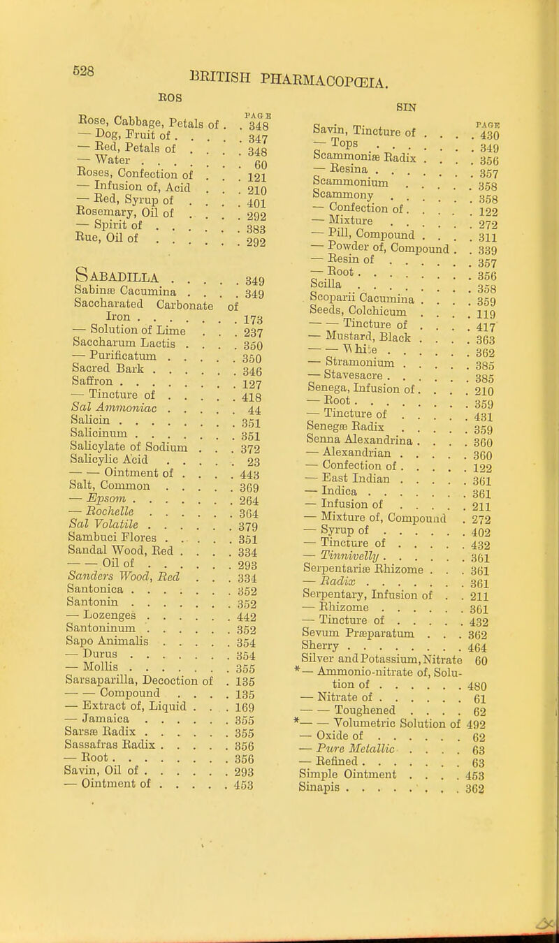 EOS Rose, Cabbage, Petals of — Dog, Pruit of . . . — Eed, Petals of . — Water Eoses, Confection of — Infusion of, Acid . — Eed, Syrup of . . Eosemary, Oil of — Spirit of ... ' Eue, Oil of . . . ' I'AG B . 348 . 347 . 348 . 60 121 , 210 401 292 388 292 349 349 173 237 350 Sabadilla Sabinte Cacumina .... Saccharated Carbonate of Iron — Solution of Lime Saccharum Lactis . . , — Purificatmn 350 Sacred Bark 34g Saffron 227 — Tincture of 4.IQ Sal Ammoniac 44 Salicin 352 Salicinum 352 Salicylate of Sodium . . . 372 Salicylic Acid 28 Ointment of ... . 443 Salt, Common 3(59 •— Epsom 264 — Rochelle 334 Sal Volatile 379 Sambuci Flores . . . . . 352 Sandal Wood, Eed .... 334 OU of 293 Sanders Wood, Eed . . . 334 Santonica ....... 352 Santonin 352 — Lozenges 442 Santoninmn 352 Sapo Animalis 354 — Durus 354 — Mollis 355 Sarsaparilla, Decoction of . 185 — — Compound .... 135 — Extract of. Liquid . . . 169 — Jamaica 355 Sarsre Eadix 355 Sassafras Eadix 356 — Eoot 356 Savin, Oil of 293 — Ointment of 453 SIN Savin, Tincture of . ''4.30 -T°P« [349 bcammoniffi Eadix .... 35(5 — Eesina 357 bcammomum 35g Scammony '353 — Confection of. .  ' 222 — Mixture — Pill Compound . . — Powder of, Compound — Eesin of .... — Eoot . . . Scilla Scoparii Cacumina . Seeds, Colchicum . Tincture of . — Mustard, Black . hite . 272 311 339 357 356 358 359 119 417 363 — Stramonium 335 — Stavesacre 395 Senega, Infusion of. . .' .' 210 — 2?°* 359 — Tmcture of 432 Senegte Eadix 359 Senna Alexandrina .... 360 — Alexandrian 300 — Confection of 222 — East Indian 3(52 — Indica 3(32 — Infusion of 2II — Mixture of. Compound . 272 — Syi-up of 402 — Tincture of 432 — Tinnivelly 362 Serpentariffi Ehizome . . . 361 — Radix 362 Serpentary, Infusion of . . 211 — Ehizome 352 — Tincture of 432 Sevum Prosparatum . . . 362 Sberry 454 Silver and Potassium, Nitrate 60 *— Ammonio-nitrate of. Solu- tion of 480 — Nitrate of 61 Toughened .... 62 * Volumetric Solution of 492 — Oxide of 62 — Ptire Metallic .... 63 — Eefined 63 Simjile Ointment .... 453 Sinapis 302