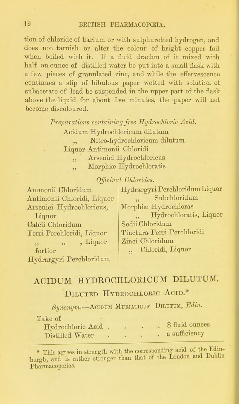 tion of chloride of barium or with sulphuretted hydrogen, aud does not tarnish or alter the colour of bright copper foil when boiled with it. If a fluid drachm of it mixed with half an ounce of distilled water be put into a small flask with a few pieces of granulated zinc, and while the effervescence! continues a slip of bibulous paper wetted with solution of subacetate of lead be suspended in the upper part of the flask above the liquid for about five minutes, the paper will not become discoloured. Preparations containing free Hydrochloric Acid. Acidum Hydrochloricum dilutum „ Nitro-hydrochloricum dilutum Liquor Antimonii Chloridi ,, Arsenici Hydrochloricus „ Morphias Hydrochloratis Officinal Chlorides. Ammonii Chloridum Antimonii Chloridi, Liquor Arsenici Hydrochloricus, Liquor Calcii Chloridum Ferri Perchloridi, Liquor „ , Liquor fortior Hydrargyri Perchloridum Hydrargyri Perchloridum Liquor „ Subchloridum Morphias Hydrochloras „ Hydrochloratis, Liquor Sodii Chloridum Tinctura Perri Perchloridi Zinci Chloridum ,, Chloridi, Liquor ACIDUM HYDROCHLORICUM DILUTUM. Diluted Hydrochloric Acid.* Synonym.—Acidum Muktaticum Dilutum, Edin. Take of Hydrochloric Acid .... 8 fluid ounces Distilled Water .... a sufficiency * This agrees in strength with the corresponding acid of the Edin- burgh, and is rather stronger than that of the London and Dublin Pharmacopoeias.