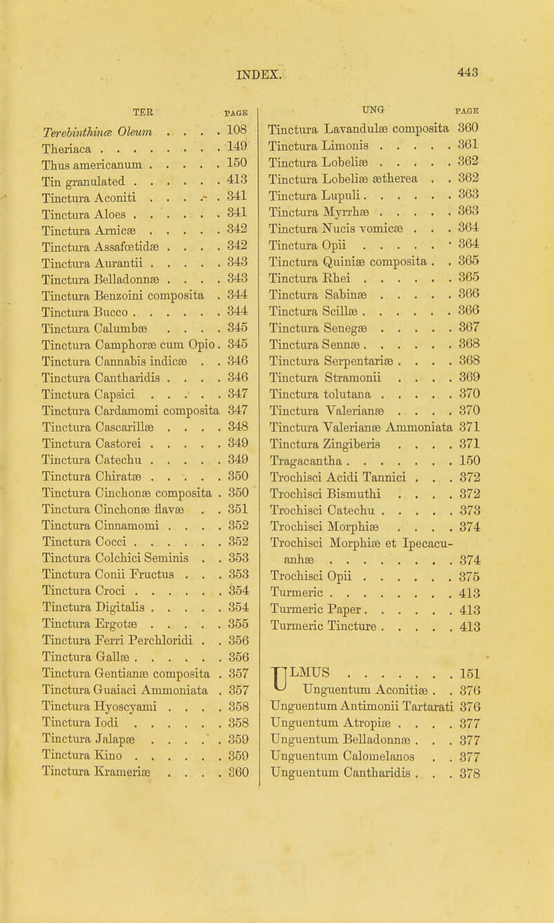 TER PAGE PAGE 7^p^*fih^'y)f.hn}/P Ol&WiYl . . . • 108 Tinctura Lavandulae composita 360 149 361 150 362 413 Tinctm'a Lobelise fetberea . . 362 341 363 341 363 342 Tinctura Nucis vomicse . • . 364 Tinctura AssafoetidcS . . . . 342 364 Tinctura A-urantii 343 Tinctura Quinise composita . 365 Tinctura Belladonnas .... 343 365 Tinctura Benzoini composita . 344 366 344 366 Tinctura Calumbae . . . . 345 367 Tinctura Campliorae cum Opio. 345 368 Tinctura Cannabis indic83 . . 346 Tinctura Serpentarise. . . . 368 Tinctura Cantharidia . . . . 346 Tinctura Sti'amonii . . . . 369 347 370 Tinctui'a Cardamomi composita 347 Tinctm'a Valerianae . . . . 370 Tinctura Cascarillse . . . . 348 Tinctm'a Valerianae Ammoniata 371 349 Tinctm'a Zingiberis . . . . 371 Tinctui'a Catecliu 349 160 350 Trocbisci Acidi Tannici . . . 372 Tinctura Cinclionrs composita . 350 Tinctura CinclionBe flavEB . . 351 373 Tinctm'a Oinnamomi . . . . 352 Trocbisci Morpbioe . . . . 374 Tinctura Cocci 352 Trocbisci Morpbiae et Ipecacu- Tinctura Colcliici Seminis 353 374 Tinctura Conii Pructus . . . 353 375 354 413 354 413 355 413 Tinctura Ferri PercUoridi . . 356 356 Tinctura Gentianse composita . 357 TTLMUS ^ Unguentum Aconitiae . . 151 Tinctura Guaiaci Ammoniata . 357 376 Tinctm'a Hyoscyami . . . . 358 Unguentum Antimonii Tartarati 376 358 Unguentum Atropiae . . . . 377 Tinctura Jalapse . . . . . 359 Unguentum Belladonnas . . . 377 Tinctura Kino 359 Unguentum Calomelanos . . 377 Tinctm'a KrameriiB . . . . 360 Unguentum Cantbai'idis . . . 378