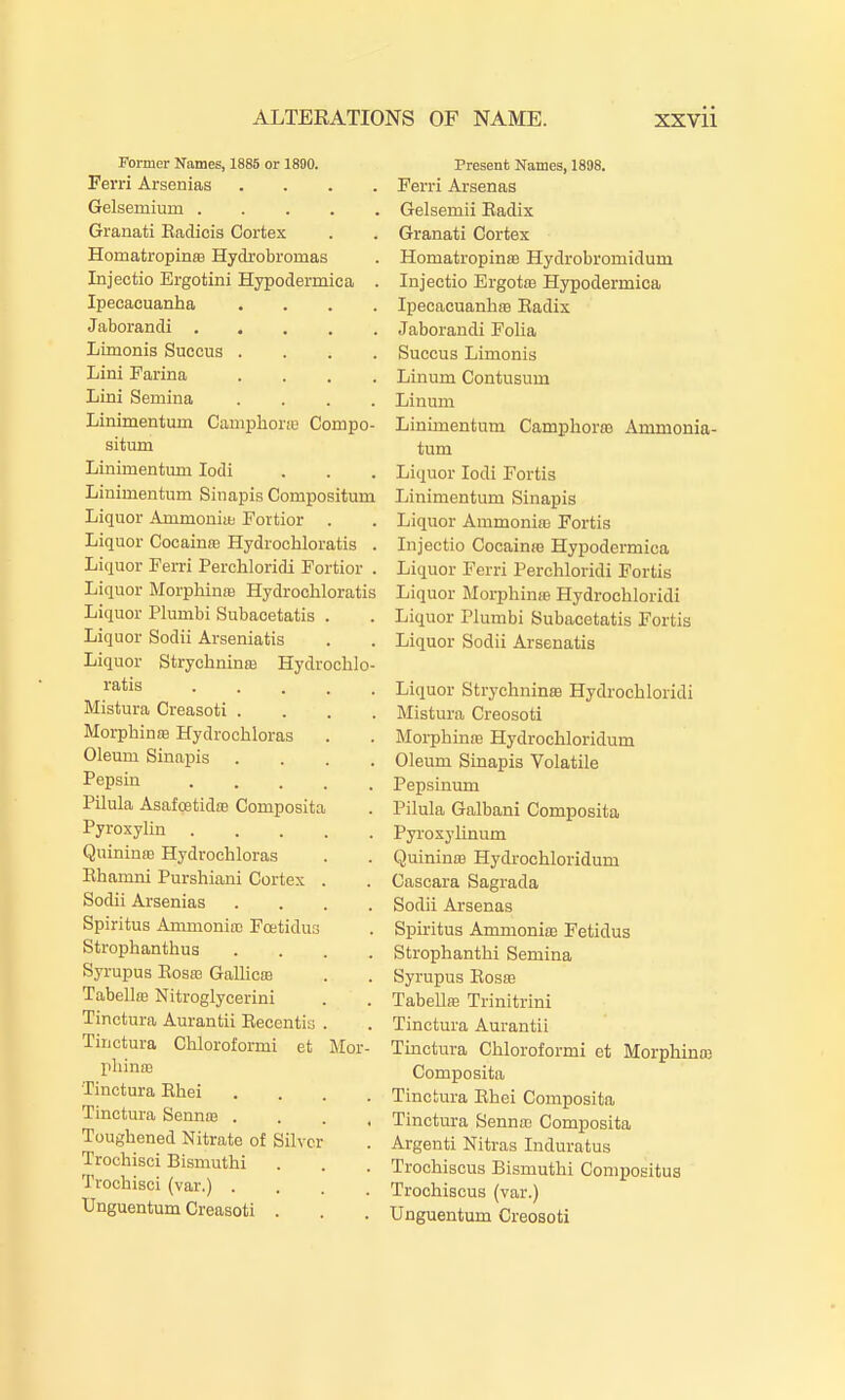 Former Names, 1886 or 1890. Ferri Arsenias .... Gelsemium . . . . . Granati Eadicis Cortex Homatropinte Hydrobromas Injectio Ergotini Hypodermic a . Ipecacuanha . . . . Jaborandi . . . . . Limonis Succus .... Lini Farina .... Lini Semina .... Linimentum Camplione Compo- situm Linimentum lodi Linimentum Sinapis Compositum Liquor Ammoniiti Fortior . Liquor Cocainte Hydrochloratis . Liquor Ferri Perchloridi Fortior . Liquor Morphinre Hydrochloratis Liquor Plumbi Subacetatis . Liquor Sodii Arseniatis Liquor StrychninaB Hydrochlo- ratis Mistura Creasoti .... Morphinffl Hydrochloras Oleum Sinapis .... Pepsin Pilula AsafoetidfB Composita Pyroxylin QuininfB Hydrochloras Ehamni Purshiani Cortex . Sodii Arsenias .... Spiritus Ammonia) Foetidus Strophanthus .... Syrupus Eosaa Gallicas Tabellas Nitroglycerini Tinctura Aurantii Eecentia . Tinctura Chloroformi et Mor- phinffl Tinctura Ehei .... Tinctura Sennaa .... Toughened Nitrate of Silver Trochisci Bismuthi Trochisci (var.) .... Unguentum Creasoti . Present Names, 1898. Ferri Arsenas Gelsemii Eadix Granati Cortex Homatropinje Hydrobromidum Injectio Ergotaa Hypodermica IpecacuanhfB Eadix Jaborandi Folia Succus Limonis Linum Contusum Linum Linimentum Camphorro Ammonia- tum Liquor lodi Fortis Linimentum Sinapis Liquor Ammonia3 Fortis Injectio Cocainie Hypodermica Liquor Ferri Perchloridi Fortis Liquor Morphinm Hydrochloridi Liquor Plumbi Subacetatis Fortis Liquor Sodii Arsenatis Liquor Strychninte Hydrochloridi Mistura Creosoti Morphinns Hydrochloridum Oleum Sinapis Volatile Pepsinum Pilula Galbani Composita Pyrosylinum Quininaa Hydrochloridum Cascara Sagrada Sodii Arsenas Spiritus Ammonia; Fetidus Strophanthi Semina Syrupus Eoshj Tabellas Trinitrini Tinctura Aurantii Tinctura Chloroformi et Morphina; Composita Tine tura Ehei Composita Tinctura Sennitj Composita Argenti Nitras Induratus Trochiscus Bismuthi Compositus Trochiscus (var.) Unguentum Creosoti