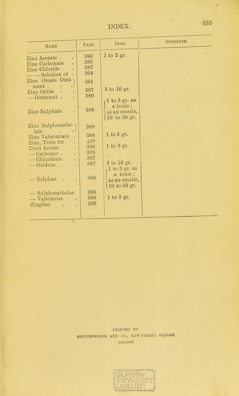 535 NAME PAGE DOSE Stbength Zinc Acetate . Zinc Carbonate Zinc CUoride Solution of . Zinc Oleate Oint-i ment . • ■' Zinc Oxide . — Ointment . Zinc Sulphate Zinc Sulphooarbo-1 late . •' Zinc Valerianate Zinc, Tests for Zinci Acetas — Carbonas . — Chloridum — Oxidum . . — Sulphas . — Sulphocarbolas — Valerianas Zingiber 386 386 387 204 381 387 380 388 388 388 429 386 386 387 387 388 388 388 389 1 to 2 gr. 3 to 10 gr. !1 to 3 gr. as a tonic; as an emetic, 10 to 30 gr. 1 to 3 gr. 1 to 2 gr. 3 to 10 gr. II to 3 gr. as a tonic ; as an emetic, 10 to 80 gr. 1 to 3 gr. PEINTED BY SPOTTIBWOODE ADD CO., XBW-STHEKT SQOARB LONDON