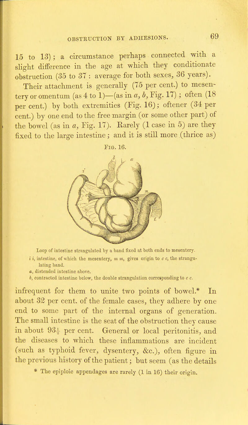 OBSTBtrCTION BY ADHESIONS. 15 to 13); a circumstance perhaps connected with a slight difference in the age at which they conditionate obstruction (35 to 37 : average for both sexes, 36 years). Their attachment is generally (75 per cent.) to mesen- tery or omentimi (as 4 to 1)—(as in a, b, Fig. 17) ; often (18 per cent.) by both extremities (Fig. 16); oftener (34 per cent.) by one end to the free margin (or some other part) of the bowel (as in a, Fig. 17). Rarely (1 case in 5) are they fixed to the large intestine; and it is still more (thrice as) Fig. 16. Loop of intestine strangulated by a band fixed at both ends to mesentery. i i, intestine, of which the mesentery, m m, gives origin to c c, the strangu- lating band. a, distended intestine above. i, contracted intestine below, the double strangulation corresponding to c c. infrequent for them to unite two points of bowel.* In about 32 per cent, of the female cases, they adhere by one end to some part of the internal organs of generation. The small intestine is the seat of the obstruction they cause in about 93^ per cent. General or local peritonitis, and the diseases to which these inflammations are incident (such as typhoid fever, dysentery, &c.), often figure in the previous history of the patient; but seem (as the details * The epiploic appendages are rarely (1 in 16) their origin.