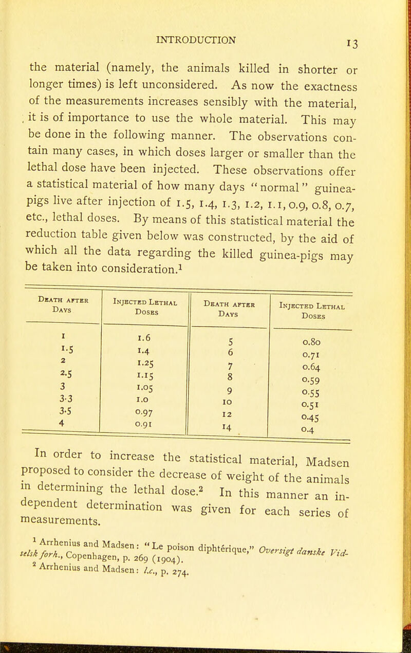 the material (namely, the animals killed in shorter or longer times) is left unconsidered. As now the exactness of the measurements increases sensibly with the material, , it is of importance to use the whole material. This may be done in the following manner. The observations con- tain many cases, in which doses larger or smaller than the lethal dose have been injected. These observations offer a statistical material of how many days  normal  guinea- pigs live after injection of 1.5, 1.4, 1.3, 1.2, 1.1,0.9, 0.8, 0.7, etc., lethal doses. By means of this statistical material the reduction table given below was constructed, by the aid of which all the data regarding the killed guinea-pigs may be taken into consideration.^ Death after Days Injected Lethal Doses I ^•5 2 2- 5 3 3- 3 3-S 4 1.6 1.4 LIS 1.05 i.o 0.97 0.91 Death after Days Injected Lethal Doses 5 6 7 8 9 10 12 14 0.80 0.71 0.64 0-59 0-5S 0.51 0.45 0.4 In order to increase the statistical material, Madsen proposed to consider the decrease of weight of the animals m determining the lethal dose.^' In this manner an in- dependent determination was given for each series of measurements. Arrhenius and Madsen: I.e., p. 274.