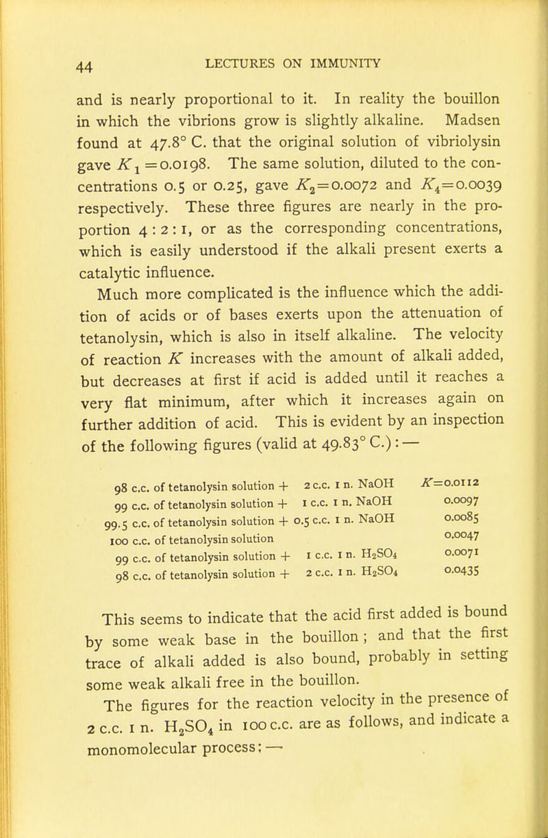and is nearly proportional to it. In reality the bouillon in which the vibrions grow is slightly alkaline. Madsen found at 47.8° C. that the original solution of vibriolysin gave K =0.0198. The same solution, diluted to the con- centrations 0.5 or 0.25, gave K^=o.ooy2 and ^^4=0.0039 respectively. These three figures are nearly in the pro- portion 4:2:1, or as the corresponding concentrations, which is easily understood if the alkali present exerts a catalytic influence. Much more complicated is the influence which the addi- tion of acids or of bases exerts upon the attenuation of tetanolysin, which is also in itself alkaline. The velocity of reaction K increases with the amount of alkali added, but decreases at first if acid is added until it reaches a very flat minimum, after which it increases again on further addition of acid. This is evident by an inspection of the following figures (valid at 49-83° C.): — 98 c.c. of tetanolysin solution + 2 c.c. r n. NaOH 99 C.C. of tetanolysin solution + i c.c. i n. NaOH 99.5 C.C. of tetanolysin solution -f- 0.5 c.c. i n. NaOH 100 c.c. of tetanolysin solution 99 c.c. of tetanolysin solution + i c.c. i n. H2SO4 98 c.c. of tetanolysin solution + 2 c.c. i n. H2SO4 This seems to indicate that the acid first added is bound by some weak base in the bouillon ; and that the first trace of alkali added is also bound, probably in setting some weak alkali free in the bouillon. The figures for the reaction velocity in the presence of 2 c.c. I n. H2SO4 in 100 c.c. are as follows, and indicate a monomolecular process; —■ ^=0.0112 0.0097 0.0085 0.0047 0.0071 0.043s