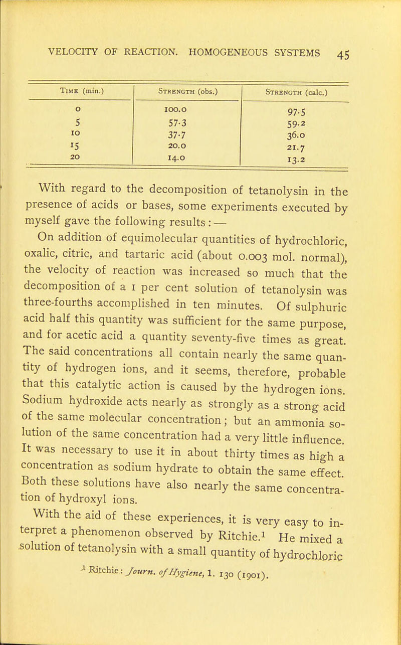 Time (min.) Strength (obs.) 0 100.0 97-S 5 57-3 59-2 10 37-7 36.0 15 20.0 21.7 20 14.0 13.2 With regard to the decomposition of tetanolysin in the presence of acids or bases, some experiments executed by myself gave the following results : — On addition of equimolecular quantities of hydrochloric, oxalic, citric, and tartaric acid (about 0.003 mol. normal), the velocity of reaction was increased so much that the decomposition of a i per cent solution of tetanolysin was three-fourths accomplished in ten minutes. Of sulphuric acid half this quantity was sufficient for the same purpose, and for acetic acid a quantity seventy-five times as great! The said concentrations all contain nearly the same quan- tity of hydrogen ions, and it seems, therefore, probable that this catalytic action is caused by the hydrogen ions. Sodium hydroxide acts nearly as strongly as a strong acid of the same molecular concentration; but an ammonia so- lution of the same concentration had a very little influence It was necessary to use it in about thirty times as high a concentration as sodium hydrate to obtain the same effect Both these solutions have also nearly the same concentra- tion of hydroxyl ions. With the aid of these experiences, it is very easy to in- terpret a phenomenon observed by Ritchie.i He mixed a .solution of tetanolysin with a small quantity of hydrochloric ^ Ritchie: Journ. of Hygiene, 1. 130 (1901).