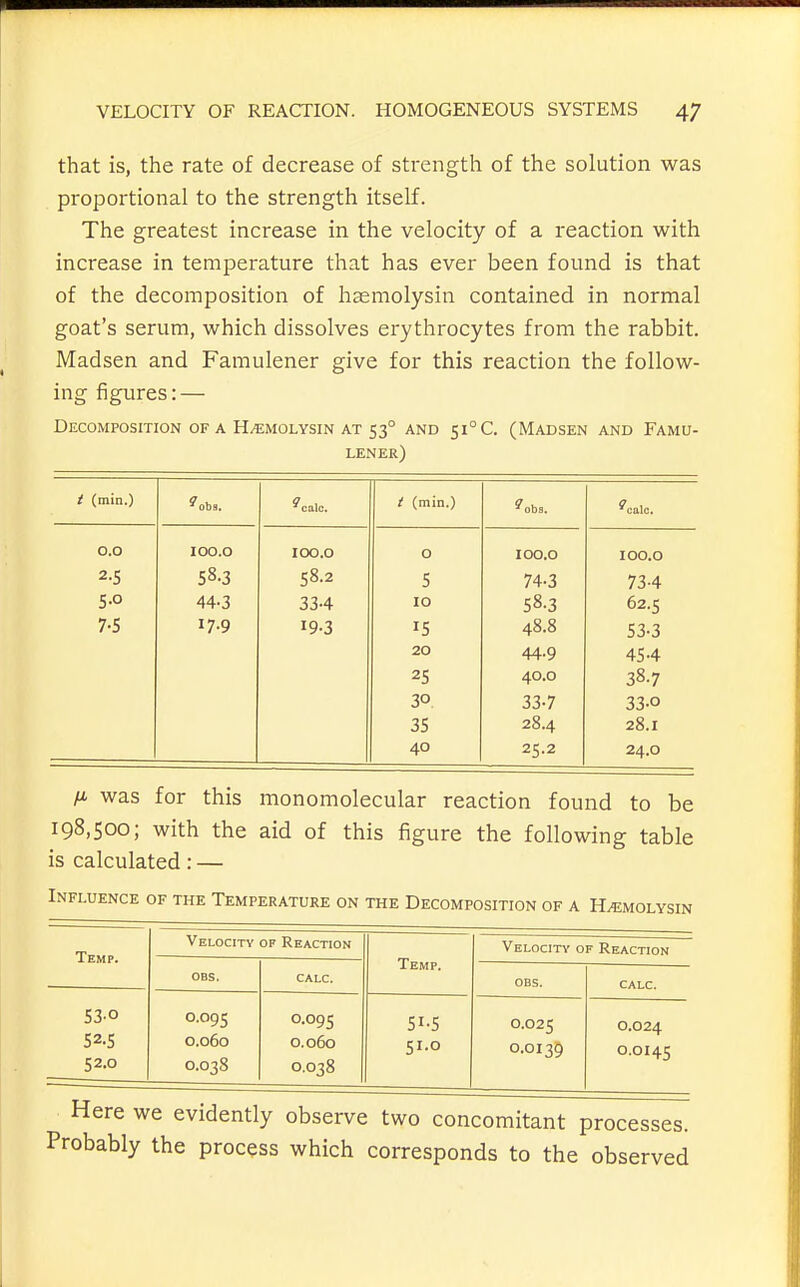 that is, the rate of decrease of strength of the solution was proportional to the strength itself. The greatest increase in the velocity of a reaction with increase in temperature that has ever been found is that of the decomposition of hasmolysin contained in normal goat's serum, which dissolves erythrocytes from the rabbit. Madsen and Famulener give for this reaction the follow- ing figures: — Decomposition of a Hemolysin at 53° and 51° C. (Madsen and Famu- lener) i (miti.) Q calc. t (min.) ^obs. ^calc. 0.0 100.0 100.0 0 100.0 100.0 2-5 58.3 58.2 5 74-3 734 5-0 44-3 33-4 10 58.3 62.5 7-5 17.9 19-3 IS 48.8 53-3 20 44.9 45-4 25 40.0 38.7 30. 33-7 33-0 35 28.4 28.1 40 25.2 24.0 /A was for this monomolecular reaction found to be 198,500; with the aid of this figure the following table is calculated: — Influence of the Temperature on the Decomposition of a Hemolysin Temp. Velocity of Reaction Temp. VELocm- OF Reaction OBS. CALC. OBS. CALC. 53-0 52.S 52.0 0.095 0.060 0.038 0.095 0.060 0.038 Si-S 51.0 0.025 0.0139 0.024 0.0145 Here we evidently observe two concomitant processes. Probably the process which corresponds to the observed