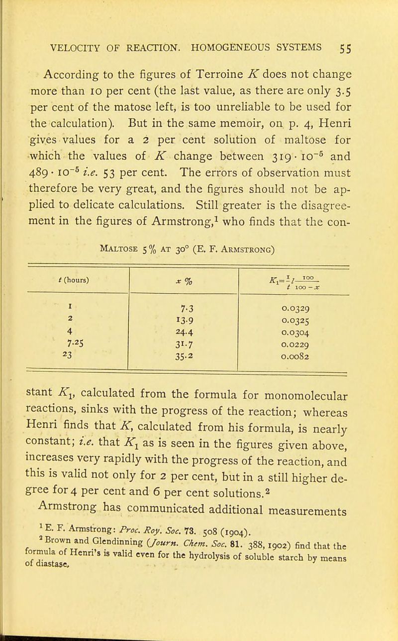 According to the figures of Terroine K does not change more than 10 per cent (the last value, as there are only 3.5 per cent of the matose left, is too unreliable to be used for the calculation). But in the same memoir, on p. 4, Henri gives values for a 2 per cent solution of maltose for ■which the values of K change between 319-10^ and 489 • io~^ i.e. 53 per cent. The errors of observation must therefore be very great, and the figures should not be ap- plied to delicate calculations. Still greater is the disagree- ment in the figures of Armstrong,^ who finds that the con- Maltose 5 % AT 30° (E. F. Armstrong) t (hours) •r % V ^ J TOO t lOO - X I 7-3 0.0329 2 139 0.0325 4 24.4 0.0304 7.25 31-7 0.0229 23 35-2 0.0082 stant calculated from the formula for monomolecular reactions, sinks with the progress of the reaction; whereas Henri finds that K, calculated from his formula, is nearly constant; i.e. that as is seen in the figures given above, increases very rapidly with the progress of the reaction, and this is valid not only for 2 per cent, but in a still higher de- gree for 4 per cent and 6 per cent solutions. 2 Armstrong has communicated additional measurements ^ E. F. Armstrong: Proc. Roy. Soc. 73. 508 (1904). » Brown and Glendinning Uourn. Ch,m. Soc. 81. 388, 1902) find that the formula of Henri's is valid even for the hydrolysis of soluble starch by means of diastase. '