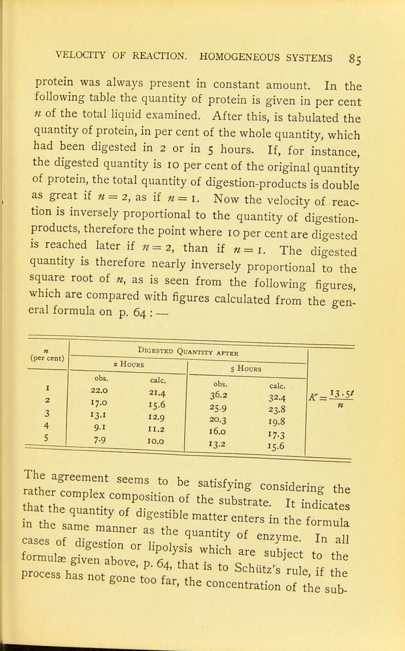 protein was always present in constant amount. In the following table the quantity of protein is given in per cent n of the total hquid examined. After this, is tabulated the quantity of protein, in per cent of the whole quantity, which had been digested in 2 or in 5 hours. If, for instance, the digested quantity is 10 per cent of the original quantity of protein, the total quantity of digestion-products is double as great if « = 2, as if « = i. Now the velocity of reac- tion is inversely proportional to the quantity of digestion- products, therefore the point where 10 per cent are digested IS reached later if = 2, than if «= i. The digested quantity is therefore nearly inversely proportional to the square root of n, as is seen from the following figures which are compared with figures calculated from the gen- eral formula on p. 64 : Digested Quantity after SherfrT' '° ^''^'J^ considering fte a her complex composition of the substrate. It indtae! :::nrertr;rror - — cases of digestion or l,' , . ^ ^11 ^o^ul^giraW - process has not gone too far th.  gone too far, the concentration of the sub-