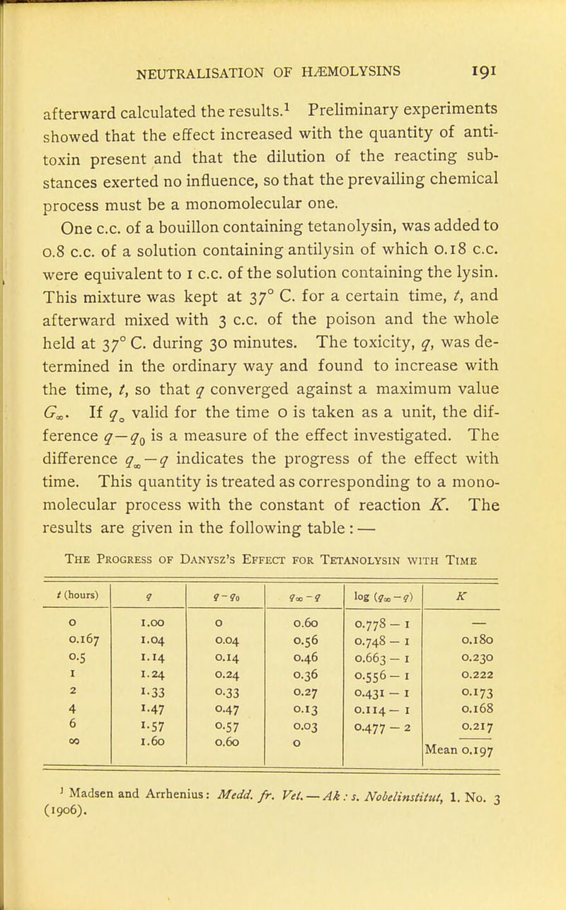 afterward calculated the results.^ Preliminary experiments showed that the effect increased with the quantity of anti- toxin present and that the dilution of the reacting sub- stances exerted no influence, so that the prevailing chemical process must be a monomolecular one. One c.c. of a bouillon containing tetanolysin, was added to 0.8 c.c. of a solution containing antilysin of which 0.18 c.c. were equivalent to i c.c. of the solution containing the lysin. This mixture was kept at 37° C. for a certain time, /, and afterward mixed with 3 c.c. of the poison and the whole held at 37° C. during 30 minutes. The toxicity, q, was de- termined in the ordinary way and found to increase with the time, t, so that q converged against a maximum value G^. If q^ valid for the time o is taken as a unit, the dif- ference ^—is a measure of the effect investigated. The difference q^ — q indicates the progress of the effect with time. This quantity is treated as corresponding to a mono- molecular process with the constant of reaction K. The results are given in the following table : — The Progress of Danysz's Effect for Tetanolysin with Time / (hours) ? log <,q^-q) K 0 1.00 0 0.60 0.778-1 0.167 1.04 0.04 0.56 0.748 - I 0.180 0.5 1.14 0.14 0.46 0.663 - I 0.230 I 1.24 0.24 0.36 0.556-1 0.222 2 1-33 0.33 0.27 0.431 - I 0.173 4 1.47 0.47 0.13 0.114— I O.I 68 6 I-S7 0.57 0.03 0.477 - 2 0.217 00 1.60 0.60 Mean 0.197 ^ Madsen and Arrhenius: Medd. fr. Vet. — Ak : s. Nobelinstiiut, 1. No. 3 (1906).