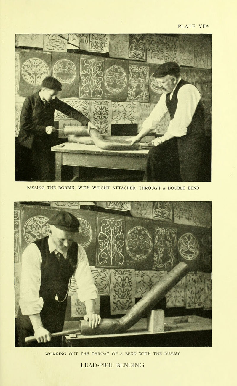 PLATE VII^ WORKING OUT THE THROAT OF A BtND WITH THE DUMMY LEAD-PIPE BENDING