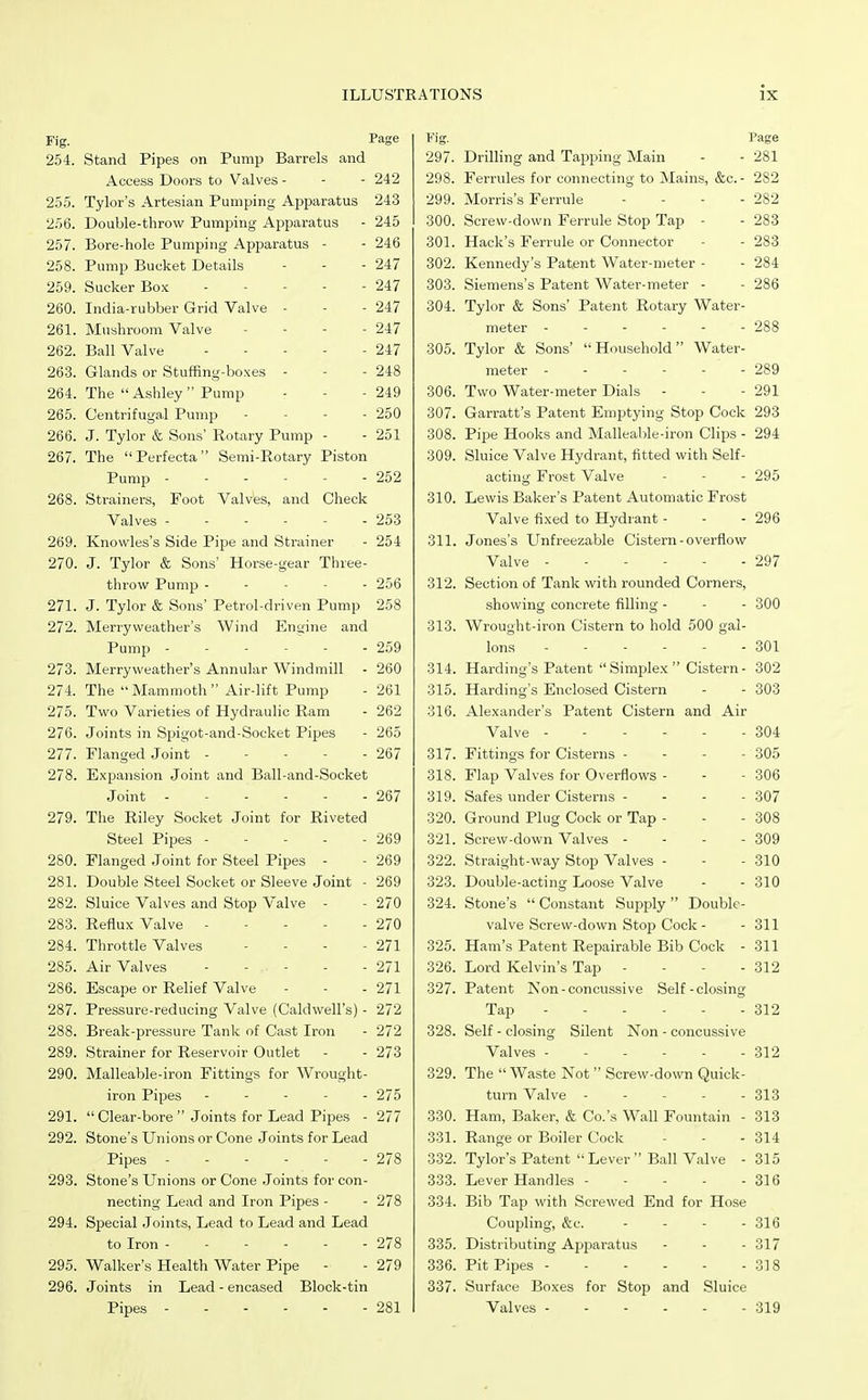 Fig. Page 254. Stand Pipes on Pump Barrels and Access Doors to Valves - - - 242 255. Tyler's Artesian Pumping Apparatus 243 256. Double-throw Pumping Apparatus - 245 257. Bore-hole Pumping Apparatus - - 246 258. Pump Bucket Details - - - 247 259. Sucker Box - - - - - 247 260. India-rubber Grid Valve - - - 247 261. Mushroom Valve - - - - 247 262. Ball Valve - - - - - 247 263. Glands or Stuffing-boxes - - - 248 264. The  Ashley  Pump - - - 249 265. Centrifugal Pump - - - - 250 266. J. Tylor & Sons' Rotary Pump - - 251 267. The Perfecta Semi-Rotary Piston Pump - - - - - - 252 268. Strainers, Foot Valves, and Check Valves ------ 253 269. Knowles's Side Pipe and Strainer - 254 270. J. Tylor & Sons' Horse-gear Three- throv/ Pump ----- 256 271. J. Tylor & Sons' Petrol-driven Pump 258 272. Merryweather's Wind Enoine and Pump ------ 259 273. Merryweather's Annular Windmill - 260 274. The Mammoth Air-lift Pump - 261 275. Two Varieties of Hydraulic Ram - 262 276. Joints in Spigot-and-Socket Pipes - 265 277. Flanged Joint - - - - - 267 278. Expansion Joint and Ball-and-Socket Joint 267 279. The Riley Socket Joint for Riveted Steel Pipes - - - - - 269 280. Flanged Joint for Steel Pipes - - 269 281. Double Steel Socket or Sleeve Joint - 269 282. Sluice Valves and Stop Valve - - 270 283. Reflux Valve 270 284. Throttle Valves - - - - 271 285. Air Valves - - - - - 271 286. Escape or Relief Valve - - - 271 287. Pressure-reducing Valve (Caldwell's) - 272 288. Break-pressure Tank of Cast Iron - 272 289. Strainer for Reservoir Outlet - - 273 290. Malleable-iron Fittings for Wrought- iron Pipes ----- 275 291.  Clear-bore  Joints for Lead Pipes - 277 292. Stone's Unions or Cone .Joints for Lead Pipes - - - - - - 278 293. Stone's Unions or Cone Joints for con- necting Lead and Iron Pipes - - 278 294. Special Joints, Lead to Lead and Lead to Iron 278 295. Walker's Health Water Pipe - - 279 296. Joints in Lead - encased Block-tin Pipes 281 Fig. Page 297. Drilling and Tapping Main - - 281 298. Ferrules for connecting to Mains, &c. - 282 299. Morris's Ferrule - - - - 282 300. Screw-down Ferrule Stop Tap - - 283 301. Hack's Ferrule or Connector - - 283 302. Kennedy's Patent Water-meter - - 284 303. Siemens's Patent Water-meter - - 286 304. Tylor & Sons' Patent Rotary Water- meter - - - - - - 288 305. Tylor & Sons' Household Water- meter ------ 289 306. Two Water-meter Dials - - - 291 307. Garratt's Patent Emptying Stop Cock 293 308. Pipe Hooks and MalleaWe-iron Clips - 294 309. Sluice Valve Hydrant, fitted with Self- acting Frost Valve - - - 295 310. Lewis Baker's Patent Automatic Frost Valve fixed to Hydrant - - - 296 311. Jones's Unfreezable Cistern-overflow Valve ------ 297 312. Section of Tank with rounded Corners, showing concrete filling - - - 300 313. Wrought-iron Cistern to hold 500 gal- lons - - - - - - 301 314. Harding's Patent Simplex Cistern- 302 315. Harding's Enclosed Cistern - - 303 316. Alexander's Patent Cistern and Air Valve 304 317. Fittings for Cisterns - - - - 305 318. Flap Valves for Overflows - - - 306 319. Safes under Cisterns - - - - 307 320. Ground Plug Cock or Tap - - - 308 321. Screw-down Valves - - - - 309 322. Straight-way Stop Valves - - - 310 323. Double-acting Loose Valve - - 310 324. Stone's  Constant Supply  Double- valve Screw-down Stop Cock - - 311 325. Ham's Patent Repairable Bib Cock - 311 326. Lord Kelvin's Tap - - - - 312 327. Patent Non-concussive Self-closing Tap 312 328. Self - closing Silent Non - concussive Valves - - - - - - 312 329. The  Waste Not  Screw-down Quick- turn Valve - - - - - 313 330. Ham, Baker, & Co.'s Wall Fountain - 313 331. Range or Boiler Cock - - - 314 332. Tyler's Patent Lever Ball Valve - 315 333. Lever Handles - - - - - 316 334. Bib Tap with Screwed End for Hose Coupling, &c. - - - - 316 335. Distributing Apparatus - - - 317 336. Pit Pipes 318 337. Surface Boxes for Stop and Sluice Valves 319