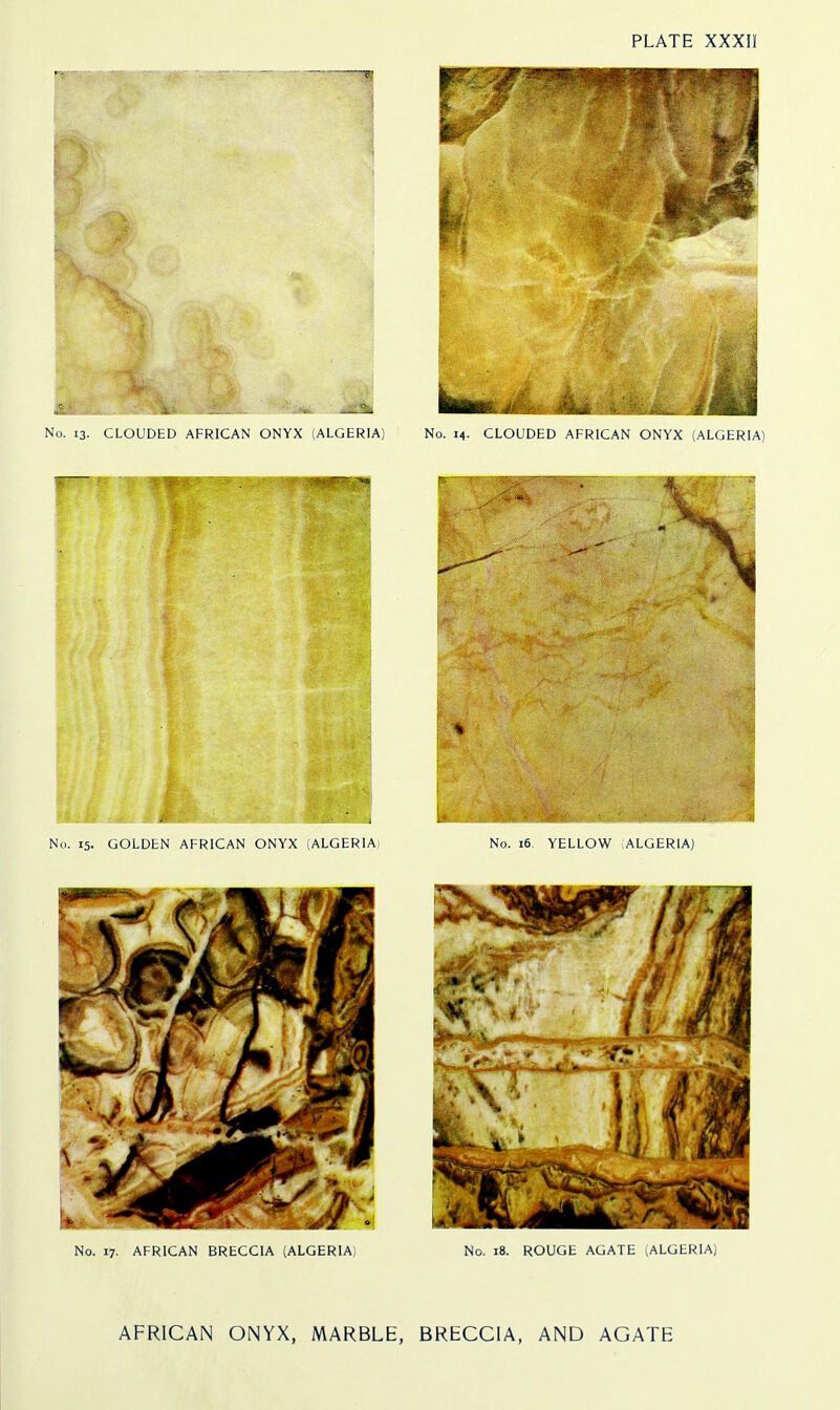 PLATE XXXn No. 15. GOLDEN AFRICAN ONYX (ALGERIA) No. 16. YELLOW ALGERIA) No. 17. AFRICAN BRECCIA (ALGERIA) No. 18. ROUGE AGATE iALGHRlA; AFRICAN ONYX, MARBLE, BRECCIA, AND AGATE