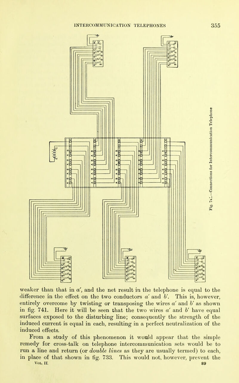 weaker than that in a', and the net result in the telephone is equal to the difference in the effect on the two conductors a and h'. This is, however, entirely overcome by twisting or transposing the wires a and h' as shown in fig. 741. Here it will be seen that the two wires a! and h' have equal surfaces exposed to the disturbing line; consequently the strength of the induced current is equal in each, resulting in a perfect neutralization of the induced effects. From a study of this phenomenon it would appear that the simple remedy for cross-talk on telephone intercommunication sets would be to run a line and return (or double lines as tliey are usually termed) to each, in place of that shown in fig. 733. This would not, liowever, prevent the Vol. II. 89