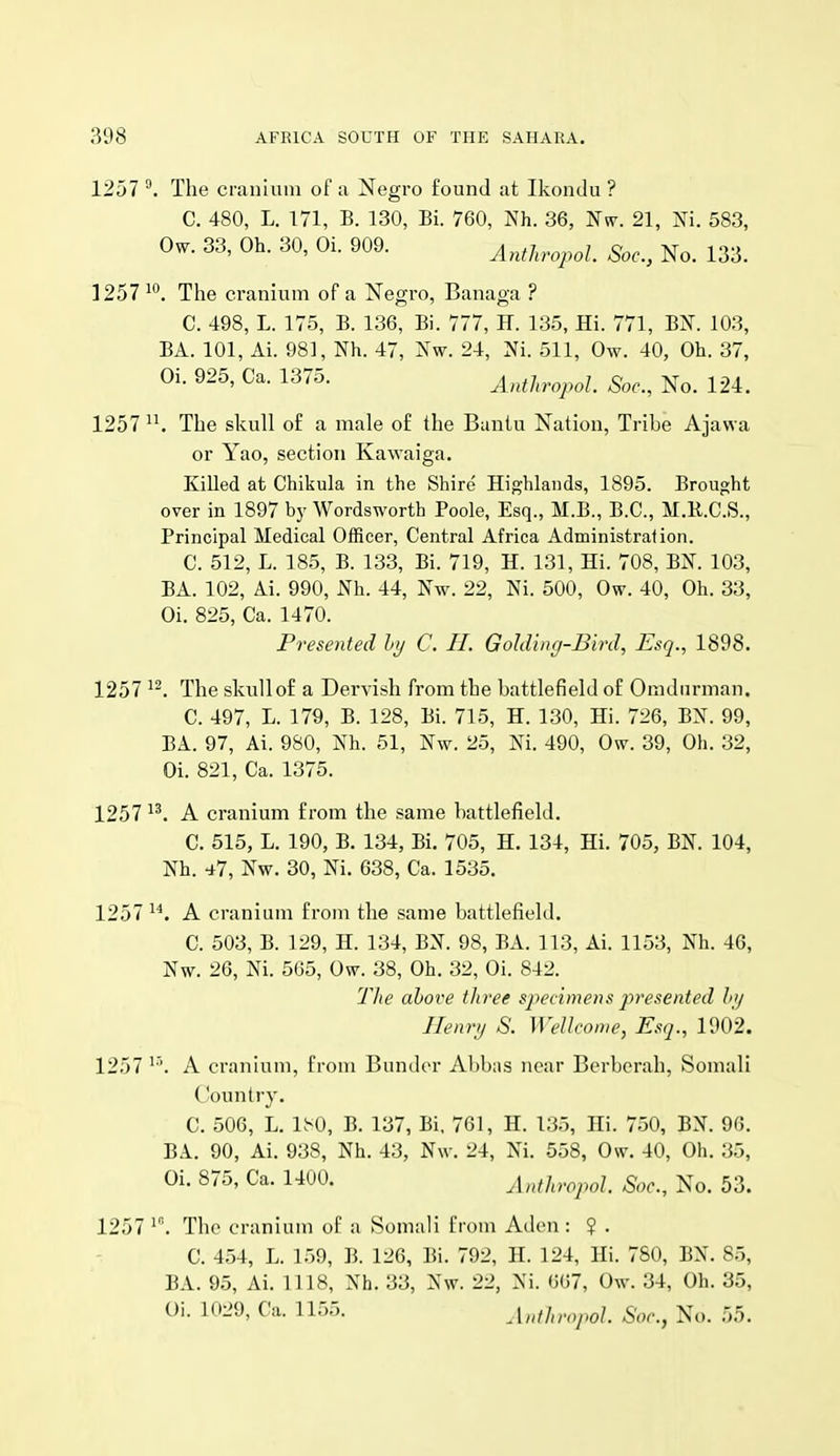 1257 The cranium of a Negro found at Ikondu ? C. 480, L. 171, B. 130, Bi. 760, Nh. 36, Nw. 21, Ni. 583, Ow. 33, Oh. 30, Oi. 909. Anthropol. Sac, No. 133. 1257 The cranium of a Negro, Banaga ? C. 498, L. 175, B. 136, Bi. 777, H. 135, Hi. 771, BN. 103, BA. 101, Ai. 98], Nh. 47, Nw. 24, Ni. 511, Ow. 40, Oh. 37, Oi. 925, Ca. 1375. Anthropol Soc, No. 124. 1257 The skull of a male of the Buntu Nation, Tribe Ajawa or Yao, section Kawaiga. Killed at Chikula in the Shire Highlands, 1895. Brought over in 1897 by Wordsworth Poole, Esq., M.B., B.C., M.R.C.S., Principal Medical Officer, Central Africa Administration. C. 512, L. 185, B. 133, Bi. 719, H. 131, Hi. 708, BN. 103, BA. 102, Ai. 990, Nh. 44, Nw. 22, Ni. 500, Ow. 40, Oh. 33, Oi. 825, Ca. 1470. Presented hy C. II. Golding-Bird, Esq., 1898. 1257 The skull of a Dervish from the battlefield of Omdurman. C. 497, L. 179, B. 128, Bi. 715, H. 130, Hi. 726, BX. 99, BA. 97, Ai. 980, Nh. 51, Nw. 25, Ni. 490, Ow. 39, Oh. 32, Oi. 821, Ca. 1375. 1257 A cranium from the same battlefield. C. 515, L. 190, B. 134, Bi. 705, H. 134, Hi. 705, BN. 104, Nh. 47, Nw. 30, Ni. 638, Ca. 1535. 1257 A cranium from the same battlefield. C. 503, B. 129, H. 134, BN. 98, BA. 113, Ai. 1153, Nh. 46, Nw. 26, Ni. 565, Ow. 38, Oh. 32, Oi. 842. The above three sp>ecimens presented hy Henry S. Wellcome, Esq., 1902. 1257 A cranium, from Bunder Abbas near Berberah, Somali Country. C. 506, L. 1^0, B. 137, Bi, 761, H. 135, Hi. 750, BN. 96. BA. 90, Ai. 938, Nh. 43, Nw. 24, Ni. 558, Ow. 40, Oh. 35, Oi. 875, Ca. 1400. Anthropol. Soc, No. 53. 1257 The cranium of a Somali from Aden : ? . C. 454, L. 159, B. 126, Bi. 792, H. 124, Hi. 780, BN. 85, BA. 95, Ai. 1118, Nh. 33, Nw. 22, Ni. 667, Ow. 34, Oh. 35, Oi. 1029, Ca. 1155. Anthropol. Soc, No. 55.