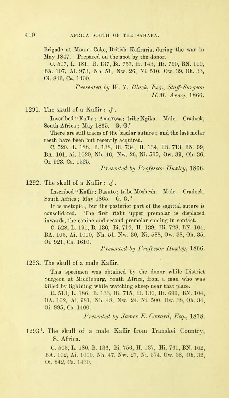 Brigade at Mount Coke, British Kaffraria, during the war in May 1847. Prepared on the spot by the donor. C. 507, L. 181, B. 137, Bi. 757, H. 143, Hi. 790, BN. 110, BA. 107, Ai. 973, Nh. 51, Nw. 26, Ni. 510, Ow. 39, Oh. 33, Oi. 846, Ca. 1400. Presented hy W. T. Black, Esq., Staff-S^irgeon H.M. Army, 1866. 1291. The skull of a Kaffir : S • Inscribed Kaffir; Amaxosa; tribe Ngika. Male. Cradock, South Africa ; May 1865. G. G. There are still traces of the basilar suture ; and the last molar teeth have been but recently acquired. C. 520, L. 188, B. 138, Bi. 734, H. 134, Hi. 713, BN. 99, BA. 101, Ai. 1020, Nh. 46, Nw. 26, Ni. 565, Ow. 39, Oh. 36, Oi. 923. Ca. 1525. Presented hy Professor Huxley, 1866. 1292. The skull of a Kaffir : ^. Inscribed Kaffir; Basuto; tribe Moshesh. Male. Cradock, South Africa; May 1865. G. G. It is metopic ; but the posterior part of the sagittal suture is consolidated. The first right upper premolar is displaced inwards, the canine and second premolar coming in contact. C. 528, L. 191, B. 136, Bi. 712, H. 139, Hi. 728, BN. 104, BA. 105, Ai. 1010, Nh. 51, Nw. 30, Ni. 588, Ow. 38, Oh. 35, Oi. 921, Ca. 1610. Presented hy Professor Huxley, 1866. 1293. The skull of a male Kaffir. This specimen was obtained by the donor while District Surgeon at Middleburg, South Africa, from a man who was killed by lightning while watching sheep near that place. C. 513, L. 186, B. 133, Bi. 715, H. 130, Hi. 699, BN. 104, BA. 102, Ai. 981, Nh. 48, Nw. 24, Ni. 500, Ow. 38, Oh. 34, Oi. 895, Ca. 1400. Presented hy James E. Coicard, Esq., 1878. 1293^ The skull of a male Kaffir from Transkei Country, S. Africa. C. 505, L. 180, B. 136, Bi. 756, H. 137, Hi. 761, BN. 102, BA. 102, Ai. 1000, Nh. 47, Nw. 27, Ni. 574, Ow. 38, Oh. 32, Oi. 842, Ca. 1430.