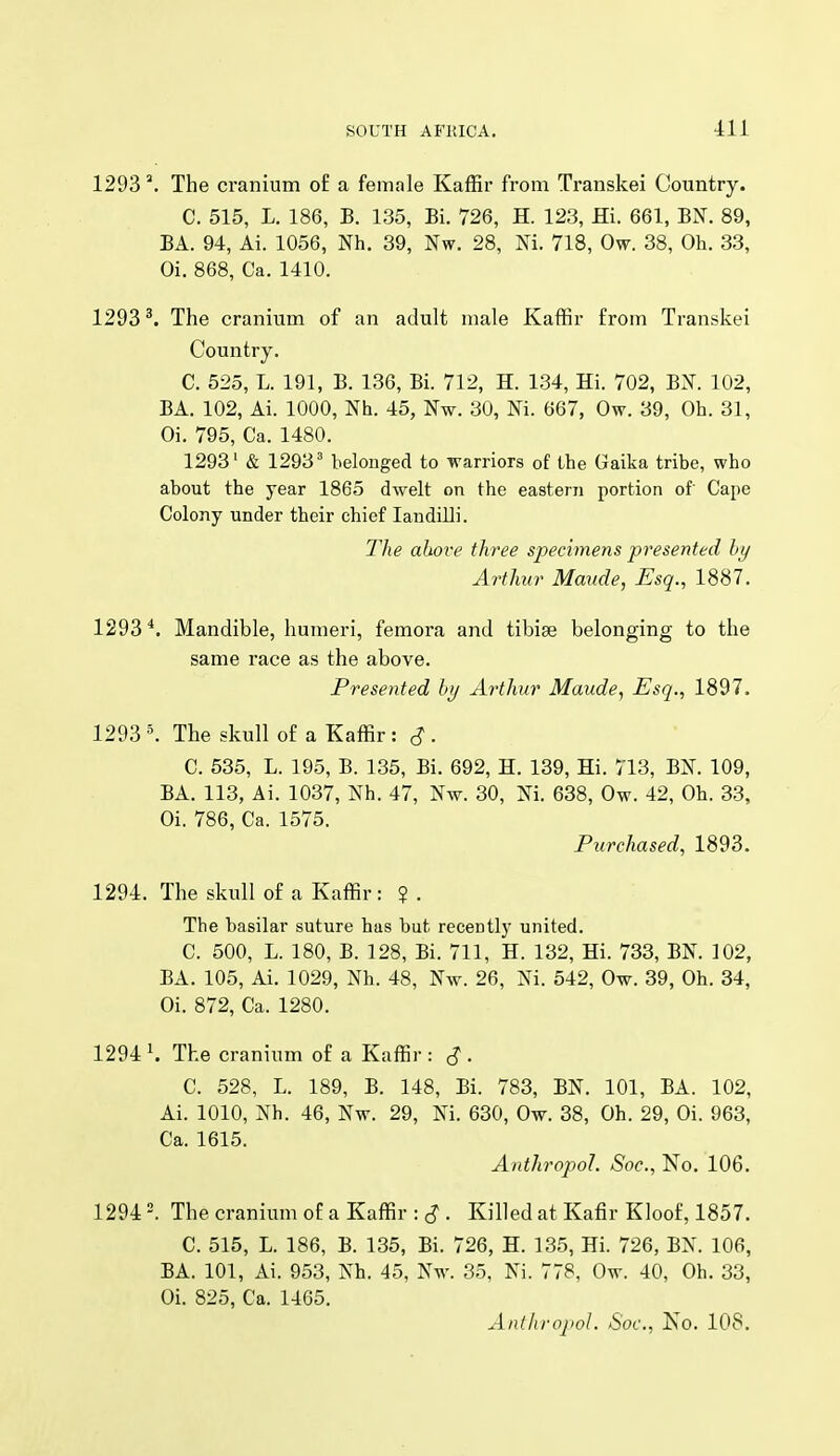 1293The cranium o£ a female Kaffir from Transkei Country. C. 515, L. 186, B. 135, Bi. 726, H. 123, Hi. 661, BN. 89, BA. 94, Ai. 1056, Nh. 39, Nw. 28, Ni. 718, Ow. 38, Oh. 33, Oi. 868, Ca. 1410. 1293 ^. The cranium of an adult male Kaffir from Transkei Country. C. 525, L. 191, B. 136, Bi. 712, H. 134, Hi. 702, BX. 102, BA. 102, Ai. 1000, Nh. 45, Nw. 30, Ni. 667, Ow. 39, Oh. 31, Oi. 795, Ca. 1480. 1293' & 1293^ belonged to warriors of the Gaika tribe, who about the year 1865 dwelt on the eastern portion of Cape Colony under their chief landilli. The above three specimens presented by Arthur Maude, Esq., 1887. 1293 Mandible, humeri, femora and tibise belonging to the same race as the above. Presented by Arthur Maude, Esq., 1897. 1293 \ The skull of a Kaffir : S ■ C. 535, L. 195, B. 135, Bi. 692, H. 139, Hi. 713, BN. 109, BA. 113, Ai. 1037, Nh. 47, Nw. 30, Ni. 638, Ow. 42, Oh. 33, Oi. 786, Ca. 1575. Purchased, 1893. 1294. The skull of a Kaffir: ? . The basilar suture has but recently united. C. 500, L. 180, B. 128, Bi. 711, H. 132, Hi. 733, BN. 102, BA. 105, Ai. 1029, Nh. 48, Nw. 26, Ni. 542, Ow. 39, Oh. 34, Oi. 872, Ca. 1280. 1294 \ The cranium of a Kaffir : ^ . C. 528, L. 189, B. 148, Bi. 783, BN. 101, BA. 102, Ai. 1010, Nh. 46, Nw. 29, Ni. 630, Ow. 38, Oh. 29, Oi. 963, Ca. 1615. Anthropol. Soc, No. 106. 1294 The cranium of a Kaffir : S . Killed at Kafir Kloof, 1857. C. 515, L. 186, B. 135, Bi. 726, H. 135, Hi. 726, BN. 106, BA. 101, Ai. 953, Nh. 45, Nw. 35, Ni. 778, Ow. 40, Oh. 33, Oi. 825, Ca. 1465. Anthropol. Soc, No. 108.