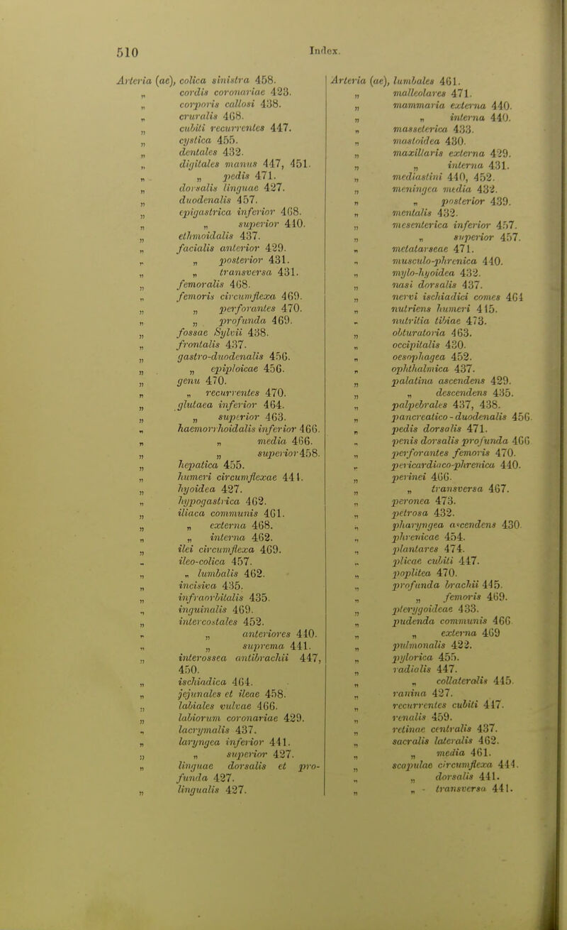 Artcria (ae), coUca sinintra 458. „ cordis coronariae 423. „ cor}inris calloai 438. ^ cruralia 4G8. „ cnh'ili recurrcnles 447. „ cyslica 455. „ dentales 432- „ d'Kjilalcs manns 447, 451. „ . „ j>erfis 471. „ dornalin linguae 427. „ duodeiialis 457. „ epigastrica inferior 4G8. „ „ superior 410. „ ethmoidalis 437. „ facialis anterior 429. „ 230Ä<e?'ior 431. „ „ transversa 431. „ ferneralis 4 GS. „ femoris circumflexa 460. „ „ perforanies 470. » „ profunda 469. „ fossae Sylvii 438. „ frontalis 437. „ gaslro-duodenalis 456. „ „ epiiploicae 456. „ ^ejn* 470. „ „ recurrenles 470. „ glulaea inferior 464. „ „ superior 463. „ haemorrhoidalis inferior 466. „ „ media 466. „ „ sz<pe)io!'458. „ liepatica 455. „ liumeri circumflexae 441. „ hyoidea 427. „ hypogastrica 462. „ iliaca communis 461. „ „ externa 468. „ „ interna 462. „ rVes circumflexa 469. ileo-colica 457. „ „ lumhalis 462. „ incisiva 435. „ infraorhitalis 435. inguinalis 469. „ inlercodales 452. r „ anteriores 440. „ „ suprema 441. „ Miiei'ossea anlihrachii 447, 4.50. „ iscliiadica 464. „ jejunales et ilene 458. ,, labiales vulvae 466. „ lahiorum coronariae 429. lacrymalis 437. „ laryngea inferior 441. „ „ sujyerior 427. „ linguae dorsalis et pro- funda 427. „ lingualis 427. Arteria (ae), lainhales 461. „ malleolares 471. „ mammaria externa 440. „ „ interna 440. „ maaselerica 433. „ viasloidea 430- „ maxillaris externa 429. „ „ interna 431. „ mediastini 440, 452. „ meningea media 4'6'i. n „ posterior 439. „ mentalis 432. „ mesenterica inferior 457. „ „ superior 457. „ metatarseae 471. n muscido-phrenica 440. „ mylo-Jif/oidea 432. „ 7wst dorsalis 437. „ ncjui ischiadici comes 464 „ nutriens liumeri 415. nutritia tVnae 473. „ olturaloria 463. „ occipilalis 430. „ oesopJiagea 452. p ophthalmica 437. „ palatina ascendens 429. „ „ descendens 435. „ palpehrales 437, 438. „ pancreatico - duodenalis 456- „ pedis dorsalis 471. „ penis dorsalis profunda 466 „ i^forantes femoris 470. pericardidco-plirenica 440. „ perinei 466. „ „ transversa 467. „ peronea 473. „ petrosa 432. i, pharyngea wceiidcns 430- ., phrenicae 454. ., plantares 474. 2)licae culiti 447. „ pioplitea 470. „ profunda hracliii 445. „ „ femoris 469. „ p)lerygoideae 433. „ pudenda commtmis 466 „ „ ea;^e?-Jia 469 „ pulmonalis 422. „ pylorica 455. „ radialis 447. „ coUatcralis 445. „ raniiia 427. „ recurrcnles cuhiti 447. „ renalis 459. „ retinae centralis 437. „ sacralis lateralis 462. „ „ 7?icrffa 461. „ scajndao circumflexa 444. „ dorsalis 441. _ - transversa 441.