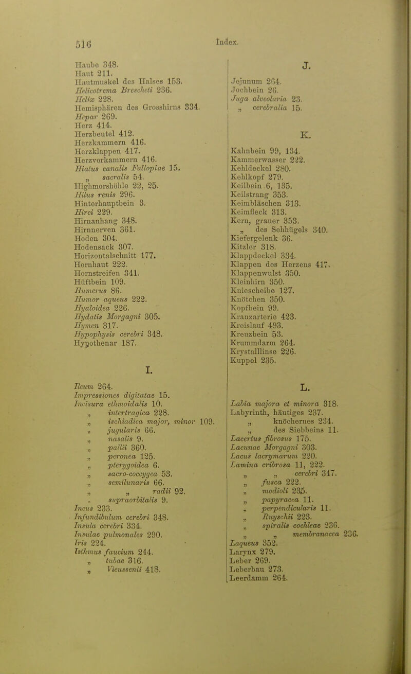 Haube 348. Haut 211. Ilautimiskel des Halses 153. ITelicoCrema Breschcti 236. Helix 228. Hemisphärou des Grossliiins 334. Hepar 269. Herz 414. Herzbeutel 412. Herzkammern 416. Herzklappen 417. Herzvorkammern 416. Hiatus canalis Fallopiae 15. „ sacralis 54. Highmorshölilo 22, 25. Hilus renis 296. Hinterliaiiptbein 3. Hirci 229. Hirnanhan^ 348. HirnneiTcn 361. Hoden 304. Hodensack 307. Horizontalschnitt 177. Hornhaut 222. Hornstreifen 341. Hüftbein 109. Hnmerus 86. Humor aqueus 222. Hijaloidea 226. Hydatis Morgagni 305. liymen 317. TTypophysis cerebri 348. Hypothenar 187. I. Hetim 264. Ivipressiones digitatae 15. Incisura eihmoidalis 10. „ intertragica 228. „ ischiadica major, minor 109. „ jugularis 66. „ nasalis 9. „ pallii 360. „ peronea 125- „ pterygoidea 6. „ sacro-coccygea 53. „ semilunaris 66. „ „ radü 92. supraorlitalis 9. Incna 233. Infundihnlum cerebri 348. Insula cerebri 334. Insulae pulmonales 290. 224. Isthmus faucium 244. „ toSae 316. _ Vieussenii 418. J. Jejunum 264. .Jochbein 26. y«^« alveolaria 23. „ cerebralia 15. K. Kalmbein 99, 134. Kammerwasser 222. Kehldeckel 280. Kohlkopf 279. Keilbein 6, 135. Keilstrang 353. Keimbläschen 313. Keimfleck 313. Kern, grauer 353. „ des Sehhügels 340. Kiefergclenk 36. Kitzler 318. Klappdeckel 334. Klappen des Herzens 417. Klappenwulst 350. Kleinhirn 350. Kniescheibe 127. Knötchen 350. Kopfbein 99. Kranzarterie 423. Kreislauf 493. Kreuzbein 53. Krummdarm 264. Krystalllinse 226. Kuppel 235. L. Labia majora et minora 318. Labyrinth, häutiges 237. „ knöcherues 234. „ des Siebbeins 11. Lacertus ßbrosus 175. Lacnnae Morgagni 303. Locus lacrymarum 220. Lamina cribrosa 11, 222. „ ,, cerebri 347. „ fusca 222. „ modioli 235. 1, papiyracaa 11. „ perpendicularis 11. „ Ruyschii 223. „ spiralis coclileae 236. ,j „ membranacca 23G. Laqueus 352. Larynx 279. Leber 269. Leberbau 273. Leerdamm 264.