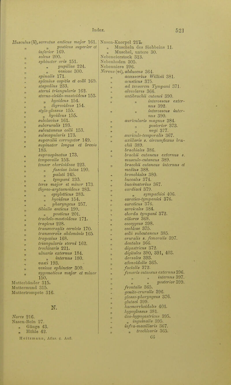 IlIuscnhis{li),s€rr(Uus anticus major 161. „ „ poslicus stiperior et inferior 169. „ solens 200. „ sphinder oris 151. „ „ pupillae 224. „ „ vesicae 300. „ spiiialis 171. „ splenius capitis et colli 169. „ stapedius 233. „ sterni triangularis 162. sterno-cleido-mastoideus 153. „ „ hyoideus 154. „ „ thyrcoideus 154. „ stylo-glossus 155. „ „ hyoideus 155. „ subclavius 161. „ subcruralis 193. „ sitScw^anej«« coZ^i 153. „ suhscapularis 173. „ supercilii corrugator 149. „ supinator longus et Lrevis 183. „ supraspinatus 173. „ temporalis 152. „ tensor chorioideae 223. „ „ fasciae latae 190. „ „ palati 245. „ „ tympani 233. „ Zeres major et minor 173. „ thyreo-arytaenoideus 283. n „ epiglotticus 283. „ „ hyoideus 154. „ „ pharyngeus 257. tihialis anticus 199. „ „ posticus 201. „ trachelo-mastoideus 171. „ tragicus 228. „ transversalis cervicia 170. „ transversus abdominis 165- „ irapcsius 168. triangularis sterni 162. „ trochlearis 221. j, ulnaris externus 184. ^ „ internus 180. ., uasZi 193. „ vesicae spJiincter 300. „ eygomaticiia major et minor 150. Mutterbiintler 315. Muttermund 315. Muttertrompete 316. iVarc* 216. Nasen-Bein 27. „ Gänge 43. „ Höhle 42. Ilcitzmann, Atlas. C. And. Nasen-Knorpel 217» „ Musclieln des Siebbeins 11. „ Muschel, untere 30. Nebeneierstock 313. Nobonlioden 305. Nebenniere 296. Nervus [vi), abducens 364. „ accessorius Willisii 381. „ acusticus 375. „ ad tensorem Tympani 371. „ alveolares 366. „ antibrachii cutnnei 390. „ „ interosseus exter- nus 392. „ „ interosseus inter- nus 390. „ auricularis magnus 384. „ „ posterior 373. „ „ vogi 377. „ auricido-temporalis 367. „ axilla/ris s. circumflexus Ira- chii 389. „ brachiales 386. „ brachii cutaneus externus s. muscido-cutaneus 389. „ bracchii cutaneus internus et medius 388. , bronchiales 380. „ buccalea 374. „ buccinatorius 367. „ cardiaci 379. „ „ sympalhici 406. „ carotico-tympanici 376. „ caroticus 376. „ cervicales 384. p chorda tympani 372. „ ciliares 369. „ coccygeus 398. „ Cochleae 375. coZ^j stibcutaneus 385. „ cruralis s. femoralis 397. „ dentales 366. digastricus 372. „ digitales 390, 391, 403. , dorsales 393. „ ethmoidalis 365. „ facialis 372. „ femoris cutaneus externus 3%. „ „ „ inlermis 397. „ „ „ posterior 399. „ frontalis 365. genito-cruralis 396. „ glosso-phtiryngeiis 376. „ _f/ZM/;aci 399. „ haemorrhoidales 401. „ hypoglossus 381. „ ileo-hypoi/aslricus 395. ., „ inguinalis 395. „ infra-maxillaris 3(57. „ „ trochlearis 365. 66