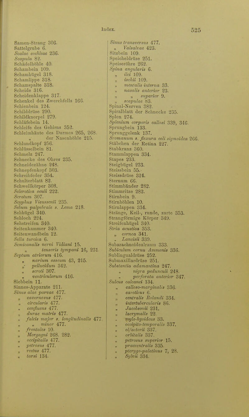 Samen-Strang 306. Sattelgrabe 6. Scalae Cochleae 236. Scajiula 82. Scliütlelhölile 40. Schambein 109. SchamLügel 318. Scliamlippe 318. Scliamspalte 318. Scheide 316. Scheidenldappe 317. Schenkel des Zwoi-chfolls 16G. Scliienbein 124. Schilddrüse 290. Scliildknorpel 279. Schläfebein 14. Schleife des Gehirns 352. Schleimhäute des Darmes 265, 268. „ der Nasenhöhle 215. Schlundkopf 256. Schlüsselbein 81. Schmelz 247. Schnecke des Ohi-es 235. Schneidezähne 248. Schnepfenkopf 303. Schreibfeder 354. Schulterblatt 82. Schwellköi-per 308. Sclerotka oculi 222. Scrotum 307. Scyjjhus Vieussenn 235. Sebum palpehvale s. Lema 218. Sehhügel 340. Sehloch 224. Sehstreifen 840. Seitenkammer 340. Seitenwandbein 12. Sella turcica 6. Semicanalis nervi Vidiani 15. „ tensoris iympani 16, 231. Seplum atriorum 416. „ narium osseum 43, 215. „• peüucidum 342. „ scroH 307. „ veviriculorum 416. Siebbein 11. Sinnes-Apparate 211. Sinus alae parvae 477. „ cavernosus All. „ circularis 477. „ confluens 477. ., durae matris 477. „ falcis major s. lon(jiludinalis 477. „ „ minor 477. „ frontales 10. „ Monjagni 268. 282. „ occipiialis 477. „ petrosus 477. „ reclus 477. „ tarsi 134. Sinns iransversus 477. „ Valsalvae 423. Sitzbein 109. Speicheldrüse 251. Speiserölire 262. Spina angularis 6. „ ilei 109. ,, ischii 109. „ mentalis interna 33. - nasalis anterior 23. „ „ superior 9. „ scapidae ö3. Spinal-Nerven 382. Spiralblatt der Schnecke 235. Spien 274. Splenium corporis callosi 339, 346. Sprungbein 133. Sprunggelenk 137. Sromanum s. flexura coli sigmoidea 266, Stäbchen der Eetina 227. Stabkranz 360. Stammlappen 334. Stapea 233. Steigbügel 233. Steissbein 55.- Steissdrüse 324. Sternum 66. Stimmbänder 282. Stimmritze 282. Stirnbein 9. Stirnhöhlen 10. Stirnlappen 334. Stränge, Keil-, runde, zarte 353. Strangförmige Körper 349. Streifenhügel 340. Stria acustica 353. „ Cornea 341. Lancisii 339. Subarachnoidealraum 333. Subiculum cornu Ämmonis 336. Sublingualdrüse 252. Submaxillardrüse 251. Substantia adamaiilina 247. „ nigra pedunculi 248. „ perforata anterior 347. Sulcus calcanei 134. „ calloso-marginalis 336. „ carotic.us 6. „ centralis Rolandi 334. „ intertvhercularis 86. „ Jacobsovii 231. „ lacrimalis 22. mylo-liyoideus 33. „ occipilo-temporalis 337. „ olfactori.i 337. „ orbitalis 337. „ petrosus superior 15. praccentralis 335. „ pterygo-palalinus 7, 28. „ Sylvii 334.