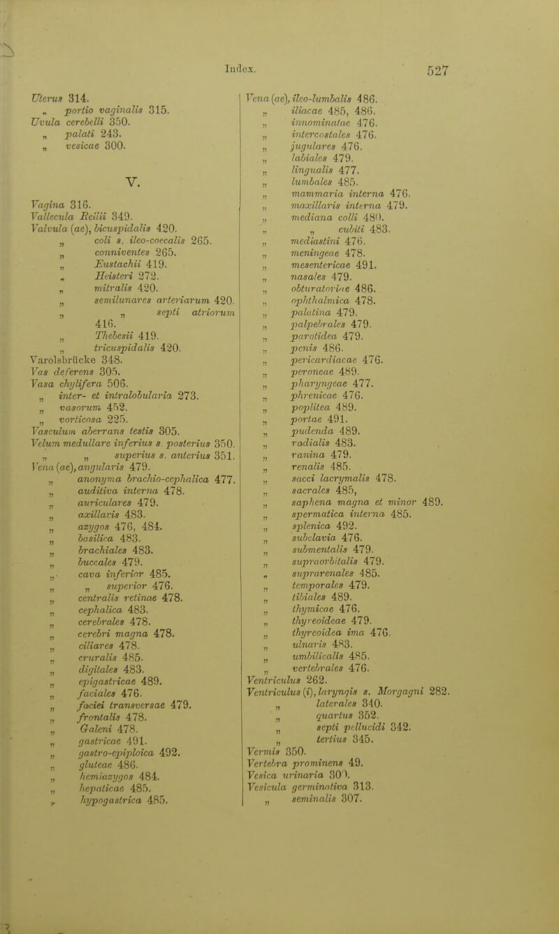 Uiei-us 314. ^ portio vaginalis 315. Uvula cerebelli 350. „ palati 243. - vesicae 300. V. Vagina 316. Vallecula Beilii 349. Fa^üMZo (ae), bicusindalis 420. „ coZi «. ileo-cnecalis 265. j, conniventes 265. „ JEustachü 419. Heisteri 272. „ müi-alis 420. „ semilunares arteriarum 420. „ „ sepZi atriorum 416. „ Thebesii 419. „ tricuspidalis 420. Varolsbriicke 348. Fas deferens 30.Ö. Fasa cliylifera 506. „ inter- et inlralohularia 273. „ vasorum 452. „ vorticosa 225. FascM^Mf/i aherrans testis 305. Velum medulläre inferius s. posterius 350. „ „ superius s. anlerius 351. Vena (ae), angularis 479. „ anonyma bracJiio-cepJiaUca 477. „ auditiva inter7ia 478. „ auriculares 479. „ axillaris 483. „ azygos 476, 484. „ hasilira 483. brachiales 483. buccales 479. cova inferior 485. „ superior 476. cenlralis retinae 478. „ cephalica 483. „ cerebrales 478. „ cerebri magna 478. „ ciliares 478. „ cruralis 485. „ digitales 483. „ epigastricae 489. „ faciales 476. „ faciei transversae 479. „ frontalis 478. „ GaZeni 478. „ gaslricac 491. „ fjastro-epiploica 492. „ gluleae 486. „ hemiazygos 484. „ hepalicae 485. , hypogaslrica 485. Vena (ae), ilco-lumbalis 486. „ iliacae 485, 486. „ innovmia/ae 476. „ intercostales 476. „ jugulares 476. „ labiales 479. „ lingualis 477. „ lumbales 485. „ mammaria interna 476. „ maxillaris interna 479. „ mediana colli 480. „ „ cwii^i 483. „ mediastini 476. „ meningeae 478. „ mesentericae 491. „ nasales 479. „ obturatnri<ie 486. „ ophthahnica 478. „ palatina 479. „ palpehrales 479. ,, parotidea 479. „ ^ems 486. „ pericardiacae 476. „ pernneae 4H9. „ pharyngeae 477. „ phrenicae 476. „ Poplitea 489. „ portae 491. „ pudenda 489. „ radialis 483. „ ranina 479. „ renalis 485. „ «acci lacrymalls 478. „ sacrales 485, „ saphena magna et minor 489. „ spermatica interna 485. „ splenica 492. „ subclavia 476. „ submentalis 479. „ supraorbilalis 479. „ suprarenales 485. „ temporales 479. „ tihiales 489. „ thymicae 476. „ thyieoideae 479. „ thyrcoidea ima 476. „ ulnaris 483. „ umbilicalis 485. „ verlebrales 476. ycni7'icMZ«s 262. Venlriculus{€), laryngis s. Morgagni 282. „ laterales 340. „ quartus 352. „ «cp^t pcllucidi 342. „ tertius 345. Vermis 350. Fer<e/j?-o prominens 49. Fc.9ica urinaria 30'X Fe.9Jc?«Za germinotiva 313. seminalis 307.