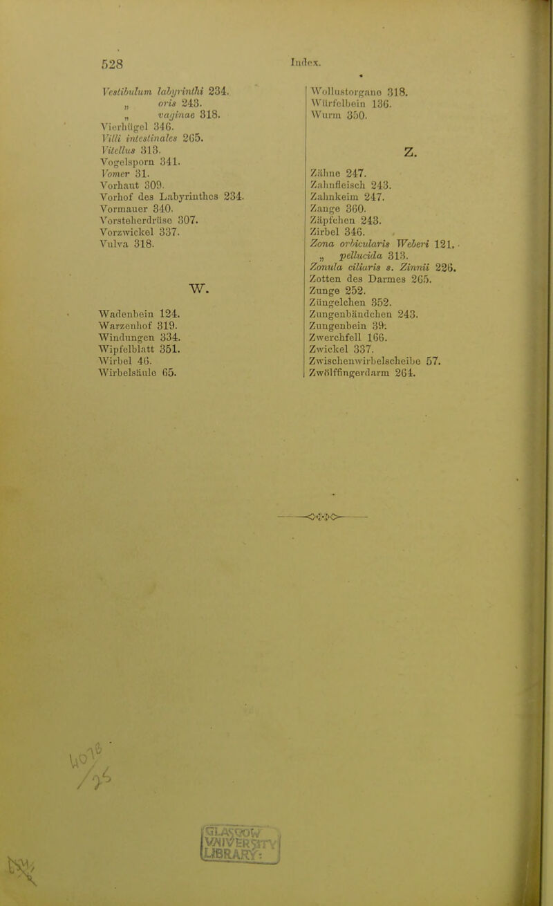 Veatihnhim lalyvinüii 234. „ oris 243. „ vaijinae 318. A'itüliiif^el 346. 17//* intestinales 2ü5. Vilellits 313. Vogelsporn 341. Vomer 31. Vorhcaut 300. Vorliof des Labyrinthes 234. Vormauer 340. Vorstelicrdrii.so 307. Vorzwickel 337. Vulva 318. w. Wadenbein 124. Warsccnliof 319. Windungen 334. Wipfelblatt 351. Wirbel 4(5. Wirbelsäule ß5. Wollustorgane 318. Wilrfclbein 136. AVurm 350. z. Zähne 247. Zahnfleisch 243. Zalinkeim 247. Zange 300. Zäpfclien 243. Zirbel 346. Zona orlicularia Weberi 121. • „ peUucida 313. Zonula ciliuris s. Zinnii 226. Zotten des Darmes 26.'). Zunge 252. Ziiugelchen 352. Zungenbäudchen 243. Zungenbein 39; Zwerchfell 166. Zwickel 337. Zwischenwirbelscheibe 57. Zwölffingerdarm 204.