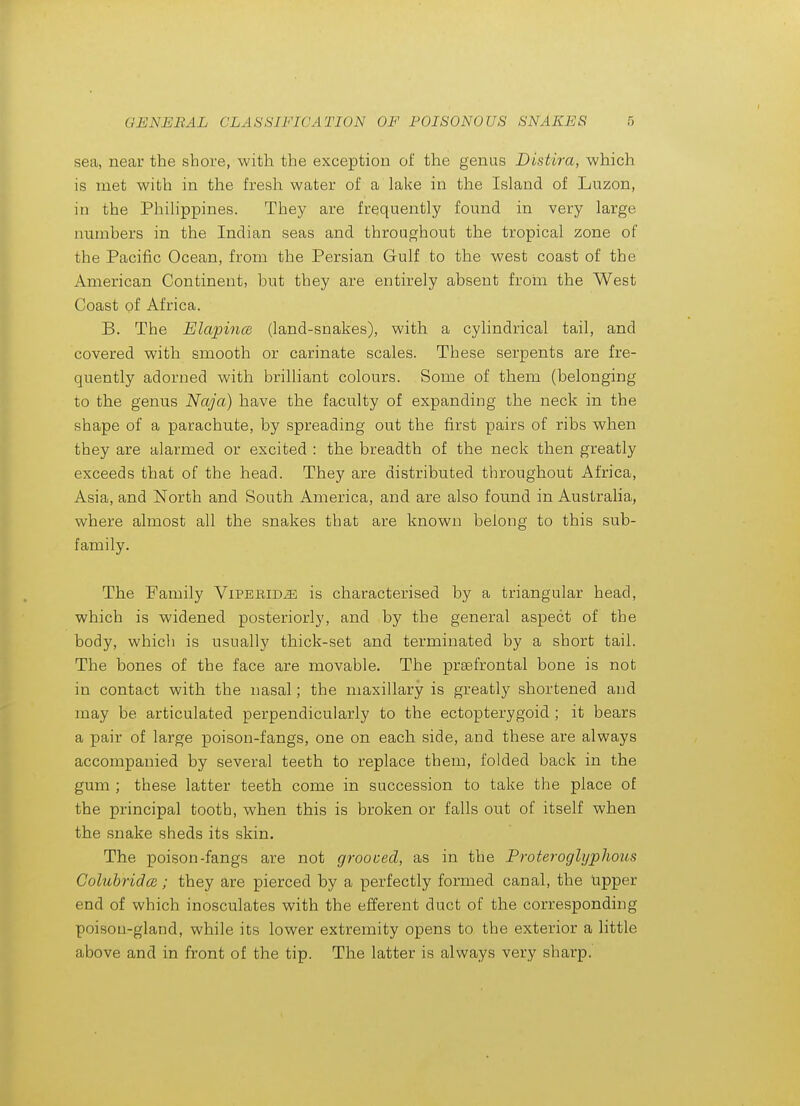 sea, near the shore, with the exception of the genus Distira, which is met with in the fresh water of a lake in the Island of Luzon, in the Philippines. They are frequently found in very large numbers in the Indian seas and throughout the tropical zone of the Pacific Ocean, from the Persian Gulf to the west coast of the American Continent, but they are entirely absent frohi the West Coast of Africa. B. The ElapioicB (land-snakes), with a cylindrical tail, and covered with smooth or carinate scales. These serpents are fre- quently adorned with brihiant colours. Some of them (belonging to the genus Naja) have the faculty of expanding the neck in the shape of a parachute, by spreading out the first pairs of ribs when they are alarmed or excited : the breadth of the neck then greatly exceeds that of the head. They are distributed throughout Africa, Asia, and North and South America, and are also found in Australia, where almost all the snakes that are known belong to this sub- family. The Family ViPEEiDiE is characterised by a triangular head, which is widened posteriorly, and by the general aspect of the body, which is usually thick-set and terminated by a short tail. The bones of the face are movable. The praefrontal bone is not in contact with the nasal; the maxillary is greatly shortened and may be articulated perpendicularly to the ectopterygoid; it bears a pair of large poison-fangs, one on each side, and these are always accompanied by several teeth to replace them, folded back in the gum ; these latter teeth come in succession to take the place of the principal tooth, when this is broken or falls out of itself when the snake sheds its skin. The poison-fangs are not grooced, as in the Proteroglyphous CohibridcB; they are pierced by a perfectly formed canal, the Upper end of which inosculates with the efferent duct of the corresponding poison-gland, while its lower extremity opens to the exterior a little above and in front of the tip. The latter is always very sharp.