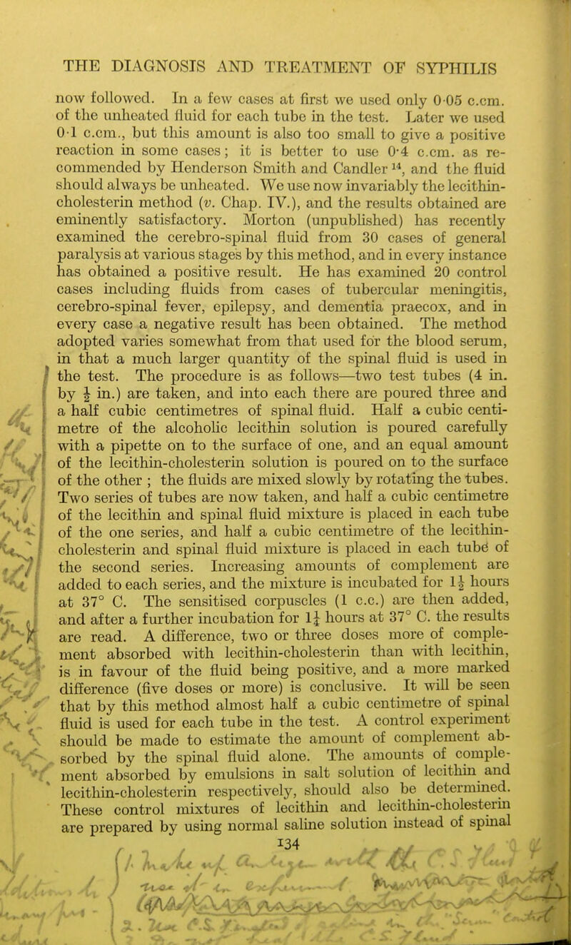 now followed. In a few cases at first we used only 0 05 com. of the unheated fluid for each tube in the test. Later we used 01 c.cm., but this amount is also too small to give a positive reaction in some cases; it is better to use 0-4 c.cm. as re- commended by Henderson Smith and Candler and the fluid should always be imheated. We use now invariably the lecithin- cholesterin method {v. Chap. IV.), and the results obtained are eminently satisfactory. Morton (unpubUshed) has recently examined the cerebro-spinal fluid from 30 cases of general paralysis at various stages by this method, and in every instance has obtained a positive result. He has examined 20 control cases mcluding fluids from cases of tubercular meningitis, cerebro-spinal fever, epilepsy, and dementia praecox, and in every case a negative result has been obtained. The method adopted varies somewhat from that used for the blood serum, in that a much larger quantity of the spinal flmd is used in the test. The procedure is as follows—^two test tubes (4 in. by J in.) are taken, and mto each there are poured three and a half cubic centimetres of spinal fluid. Half a cubic centi- metre of the alcoholic lecithin solution is poured carefully with a pipette on to the surface of one, and an equal amount of the lecithin-cholesterin solution is poured on to the surface of the other ; the fluids are mixed slowly by rotating the tubes. Two series of tubes are now taken, and half a cubic centimetre of the lecithin and spinal fluid mixture is placed in each tube of the one series, and half a cubic centimetre of the lecithin- cholesterin and spinal fluid mixtm'e is placed in each tube of the second series. Increasmg amounts of complement are added to each series, and the mixture is incubated for 1| hours at 37° C. The sensitised corpuscles (1 c.c.) are then added, and after a further incubation for Ij hours at 37° C. the results are read. A difference, two or three doses more of comple- ment absorbed with lecithm-cholesterin than with lecithin, is in favour of the fluid being positive, and a more marked difference (five doses or more) is conclusive. It wiU be seen that by this method almost half a cubic centimetre of spinal fluid is used for each tube m the test. A control experiment should be made to estimate the amount of complement ab- sorbed by the spmal fluid alone. The amounts of comple- ment absorbed by emulsions in salt solution of lecithin and lecithm-cholesterin respectively, should also be determined. These control mixtures of lecithin and lecithin-cholesterm are prepared by using normal saline solution instead of spinal