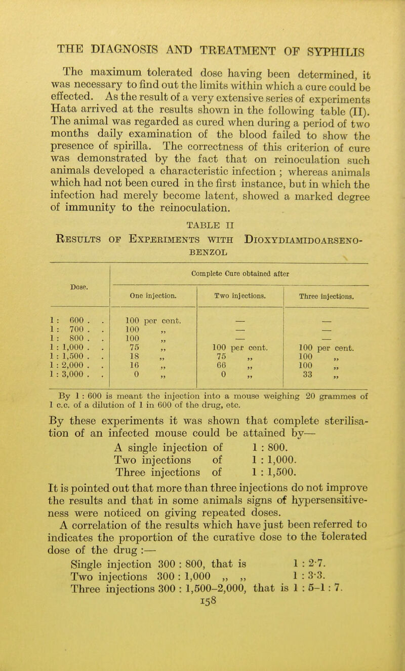The maximum tolerated dose having been determined, it was necessary to find out the Hmits within which a cure could be effected. As the result of a very extensive series of experiments Hata arrived at the results shown in the following table (II). The animal was regarded as cured when during a period of two months daily examination of the blood failed to show the presence of spirilla. The correctness of this criterion of cure was demonstrated by the fact that on reinoculation such animals developed a characteristic infection ; whereas animals which had not been cured in the first instance, but in which the infection had merely become latent, showed a marked degree of immunity to the reinoculation. TABLE II Results of Experiments with Dioxydiamidoarseno- BENZOL Dose. Complete Cure obtained after One injection. Two injections. Three Injections. 1 : GOO . . 1 : 700 . . 1 : 800 . . I : 1,000 . . 1 : 1,500 . . 1 : 2,000 . . 1 : 3,000 . . 100 per cent. 100 100 75 18 16 0 100 per cent. 75 66 0 100 per cent. 100 100 33 By 1 : 600 is meant the injection into a mouse weighing 20 grammes of 1 c.c. of a dilution of 1 in 600 of the drug, etc. By these experiments it was shown that complete sterilisa- tion of an infected mouse could be attained bv— A single injection of 1 : 800, Two injections of 1 : 1,000. Three injections of 1 : 1,500. It is pointed out that more than three injections do not improve the results and that in some animals signs of hj^ersensitive- ness were noticed on giving repeated doses. A correlation of the results which have just been referred to indicates the proportion of the curative dose to the tolerated dose of the drug :— Single injection 300 : 800, that is 1 : 2-7. Two injections 300 : 1,000 „ „ 1 : 3-3. Three injections 300 : 1,500-2,000, that is 1 : 5-1: 7.
