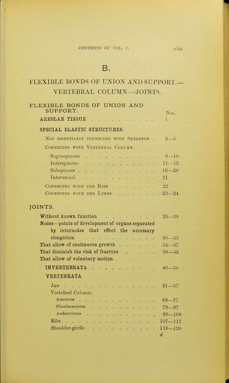 B. FLEXIBLE BONDS OF UNION AND SUPPORT.— VERTEBRAL COLUMN.—JOINTS. FLEXIBLE BONDS OF UNION AND SUPPORT. j^^^ AREOLAE TISSUE 1 SPECIAL ELASTIC STRUCTURES. Not bssbnttallt conneoteb with Skeleton . 2—5 CONTTECTED WITH VebTBBBAL CoLTJMN. Supraspinous 6—10 Interspinous 11—15 Subapiuous 16—20 Interarcual 21 CONNECTBr) WITH THE ElBS 22 CONNECTEB WITH THE LiMBS 23—24 JOINTS. Without known function 25—29 Nodes—points of development of organs separated by internodes that eflfect the necessary elongation 30—33 That allow of continuous growth 34—37 That diminish the risk of fracture 38—45 That allow of voluntary motion. INVERTEBRATA 46—50 VERTEBRATA. Jaw 51—67 Vertebral Column. Acentrous 68 77 Ohordacentrous ArchceiitrouB gg jog Ribs 107—117 Shoulder-girdle 118—120 d