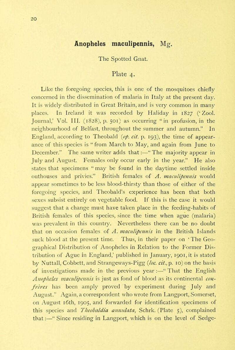 Anopheles maculipennis, Mg. The Spotted Gnat. Plate 4. Like the foregoing species, this is one of the mosquitoes chiefly concerned in the dissemination of malaria in Italy at the present day. It is widely distributed in Great Britain, and is very common in many places. In Ireland it was recorded by Haliday in 1827 ('Zool. Journal,' Vol. III. (1828), p. 501) as occurring in profusion, in the neighbourhood of Belfast, throughout the summer and autumn. In England, according to Theobald {op. cit. p. 193), the time of appear- ance of this species is  from March to May, and again from June to December. The same writer adds that:— The majority appear in July and August. Females only occur early in the year. He also states that specimens  may be found in the daytime settled inside outhouses and privies. British females of A. maculipennis would appear sometimes to be less blood-thirsty than those of either of the foregoing species, and Theobald's experience has been that both sexes subsist entirely on vegetable food. If this is the case it would suggest that a change must have taken place in the feeding-habits of British females of this species, since the time when ague (malaria) was prevalent in this country. Nevertheless there can be no doubt that on occasion females of A. maculipennis in the British Islands suck blood at the present time. Thus, in their paper on ' The Geo- graphical Distribution of Anopheles in Relation to the Former Dis- tribution of Ague in England,' published in January, 1901, it is stated by Nuttall, Cobbett, and Strangeways-Pigg (Joe. cit.,-p. 10) on the basis of investigations made in the previous year :— That the English Anopheles maculipennis is just as fond of blood as its continental con- freres has been amply proved by experiment during July and August. Again, a correspondent who wrote from Langport, Somerset, on August 16th, 1905, and forwarded for identification specimens of this species and Tlieobaldia annulata, Schrk. (Plate 5), complained that:— Since residing in Langport, which is on the level of Sedge-