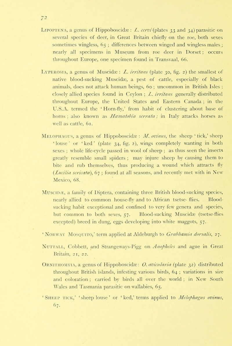 Lipoptena, a genus of Hippoboscida; : L. cervi (plates 33 and 34) parasitic on several species of deer, in Great Britain chiefly on the roe, both sexes sometimes wingless, 65 ; differences between winged and wingless males ; nearly all specimens in Museum from roe deer in Dorset; occurs throughout Europe, one specimen found in Transvaal, 66. Lyperosia, a genus of Muscida: : L. irritans (plate 30, fig. 2) the smallest of native blood-sucking Muscida?, a pest of cattle, especially of black animals, does not attack human beings, 60 ; uncommon in British Isles ; closely allied species found in Ceylon ; L. irritans generally distributed throughout Europe, the United States and Eastern Canada ; in the U.S.A. termed the ' Horn-fly,' from habit of clustering about base of horns ; also known as Htzmatobia serrafa : in Italy attacks horses as well as cattle, 61. Melophagus, a genus of Hippoboscida? : M. ovinus, the sheep ' tick,' sheep 'louse' or ' ked' (plate 34, fig. 2), wings completely wanting in both sexes ; whole life-cycle passed in wool of sheep ; as thus seen the insects greatly resemble small spiders ; may injure sheep by causing them to bite and rub themselves, thus producing a wound which attracts fly {Lucilia sericata), 67 ; found at all seasons, and recently met with in New Mexico, 68. Muscm.E, a family of Uiptera, containing three British blood-sucking species, nearly allied to common house-fly and to African tsetse- flies. Blood- sucking habit exceptional and confined to very few genera and species, but common to both sexes, 57. Blood-sucking Muscidse (tsetse-flies excepted) breed in dung, eggs developing into white maggots, 57. ' Norway Mosquito,' term applied at Aldeburgh to Grabiiamia dorsalis, 27. Nuttall, Cobbett, and Strangeways-Pigg on Anopheles and ague in Great Britain, 21, 22. Ornithomyia, a genus of Hippoboscidas: O. avicularia (plate 32) distributed throughout British islands, infesting various birds, 64 ; variations in size and coloration ; carried by birds all over the world ; in New South Wales and Tasmania parasitic on wallabies, 65. 'Sheep tick,' 'sheep louse' or ' ked,'terms applied to Melopiiagus ovinus, 67.