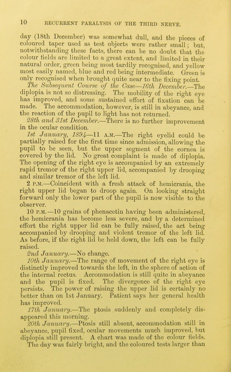 day (18th December) was somewhat dull, and the pieces of coloured taper used as test objects were rather small; but, notwithstanding these facts, there can be no doubt that the colour fields are limited to a great extent, and limited in their natural order, green being most tardily recognised, and yellow most easily named, blue and red being intermediate. Green is only recognised when brought quite near to the fixing point. ^ The Subsequent Course of the Case—16th December.—The diplopia is not so distressing. The mobility of the right eye has improved, and some sustained effort of fixation can be made. The accommodation, however, is still in abeyance, and the reaction of the pupil to light has not returned. 28th and 31st December.—There is no further improvement in the ocular condition. 1st January, 1894—H a.m.—The right eyelid could be partially raised for the first time since admission, allowing the pupil to be seen, but the upper segment of the cornea is covered by the lid. No great complaint is made of diplopia. The opening of the right eye is accompanied by an extremely rapid tremor of the right upper lid, accompanied by drooping and similar tremor of the left lid. 2 P.M.—Coincident with a fresh attack of hemicrania, the right upper lid began to droop again. On looking straight forward only the lower part of the pupil is now visible to the observer. 10 P.M.—10 grains of phenacetin having been administered, the hemicrania has become less severe, and by a determined effort the right upper lid can be fully raised, the act being accompanied by drooping and violent tremor of the left lid. As before, if the right lid be held down, the left can be fully raised. 2nd January.—No change. 10th January.—The range of movement of the right eye is distinctly improved towards the left, in the sphere of action of the internal rectus. Accommodation is still quite in abeyance and the pupil is fixed. The divergence of the right eye persists. The power of raising the upper lid is certainly no better than on 1st January. Patient says her general health has improved. 17th January.—The ptosis suddenly and completely dis- appeared this morning. 20th January.—Ptosis still absent, accommodation still in abeyance, pupil fixed, ocular movements much improved, but diplopia still present. A chart was made of the colour fields. The day was fairly bright, and the coloured tests larger than