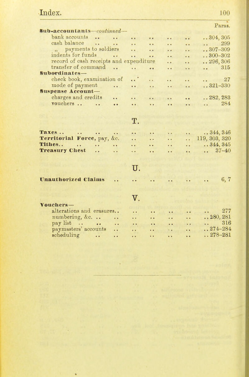 Paras. •ub-accoiintants—continued— bank accounts ., .. .. .. .. ., .. SO*, 305 cash balance .. ,. .. .. .. .. .. 299 „ payments to soldiers .. .. .. .. ,. 307-309 indents for funds .. .. .. .. .. .. 300-302 record of cash receipts and expenditure .. .. .. 296, 306 transfer of command .. .. .. .. 315 Subordinates— check book, examination of ..' .. .. .. .. 27 mode of payment ., .. ., .. .. .. 321-330 Suspense Account— charges and credits .. .. .. .. ., .. 282, 283 Touchers .. .. .. .. .. .. .. .. 284 T. Taxes .. Territorial Force, pay, &c. Tithes Treasury Chest u. Unauthorized Claims .. .. .. .. ,. .. 6, 7 V. Vouchers— alterations and erasures.. .. .. .. .. .. 277 numbering, &c iSO, 281 pay list .. .. .. .. .. .. .. .. 316 paymasters' accounts .. .. .. ■. .. .. 274-284 scheduling 278-281 119, 303, 320 .. 344, 345 .. 37-40