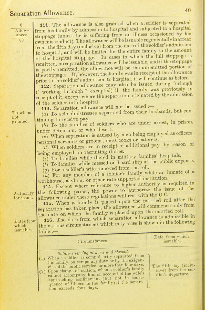 Allow- ances 89 To whom not granted. Authority for issue. Dates from which issuable 111. The allowance is also granted when a,soldier is separated from his family by admission to hospital and subjected to a hospital stoppage (unless he is suffering from an illness occasioned by his own misconduct). The allowance will be issuable regimentally marrear from the fifth day (inclusive) from the date of the soldier's admission to hospital, and will be limited for the entire family to the amount of the hospital stoppage. In cases in which the full stoppage is remitted, no separation allowance will be issuable, and if the stoppage is partly remitted, the allowance will be the unremitted portion of the stoppage. If, however, the family was in receipt of the allowance prior to the soldier's admission to hospital, it will continue as before. 112. Separation allowance may also be issued during furlough (working furlough excepted) if the family was previously m receipt of it, except where the separation originated by the admission of the soldier into hospital. 113. Separation allowance will not be issued :— , , . (a) To schoolmistresses separated from their husbands, but con- tinuing to receive pay. . (b) To the families of soldiers who are under arrest, in prison, under detention, or who desert. , j „ ^ffi„^r«' (c) When separation is caused by men being employed as officers personal servants or grooms, mess cooks or caterers. ^ (d) When soldiers are in receipt of additional pay by reason oi being emploved on recruiting duties. .,. , . -+0!. (e) To families while dieted in military famihes hospitals. / To families while messed on board ship at the pubhc expense. (a) For a soldier's wife removed from the roll. ih) For any member of a soldier's family while an mmate of a workhouse, asylum, or other rate-supported institution. 114. Except where reference to higher authority is required in the following paras., the power to authorize the issue of the allowance under these regulations will rest with the 0.0 115. When a family is placed upon the married roll after the Iseparation has taken place, the allowance will commence only from the date on which the family is placed upon the married roU^ 116 The date from which separation allowance is afmissib^ in the various circmnstances which may arise is shown in the following table :— Circumstances I Soldiers serving at home and abroad. en When a soldier is compulsorily separated Irom ' his family on temporary duty or by the exigen- cies of the public service for more than four days \Ci) Upon change of station, when a soldier s familj ' cannot accompany him on account of the wile * iipproaching continement (but not m couse- quonco of Tllncss in the family) if the separa- tion exceeds four days. Date fi'om which issuable. The fifth day (inclu- sive) from the sol- dier's departure.