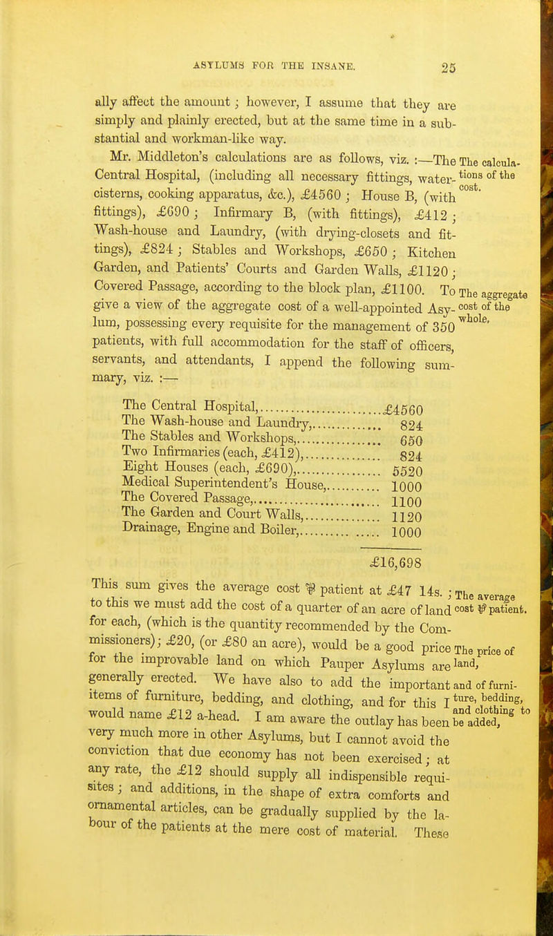 ally affect the amount; however, I assume that they are simply and plainly erected, but at the same time in a sub- stantial and workman-like way. Mr. Middleton's calculations are as follows, viz. :—The The calcula- Central Hospital, (including all necessary fittings, water- °^ cisterns, cooking apparatus, &c.), .£4560 ; House B, (with°°^*' fittings), .£090 ; Infii-maiy B, (with fittings), £412 ; Wash-house and Laundry, (with drjdng-closets and fit- tings), £824 ; Stables and Workshops, £650 ; Kitchen Garden, and Patients' Courts and Garden Walls, £1120 • Covered Passage, according to the block plan, £1100. To The aggregate give a view of the aggregate cost of a well-appointed Asy- °°st of the lum, possessing every requisite for the management of 350 patients, with fuU accommodation for the staff of oflacers, sei-vants, and attendants, I append the following sum- mary, viz. :— The Central Hospital, £4560 The Wash-house and Laundiy, §24 The Stables and Workshops, [[ qqq Two Infimiaries (each, £412), ' §24 Eight Houses (each, £690), 552O Medical Superintendent's House, 1000 The Covered Passage, 2X00 The Garden and Court Walls, . . . 1120 Drainage, Engine and Boiler, lOOO £16,698 This sum gives the average cost f patient at £47 14s. ; The average to this we must add the cost of a quarter of an acre of land cost ^patient, for each, (which is the quantity recommended by the Com- missioners); £20, (or £80 an acre), would be a good price The price of for the improvable land on which Pauper Asylums are land, generally erected. We have also to add the important and of fumi- items of fiu-mture, bedding, and clothing, and for this I ^^^^^s. would name £12 a-head. I am aware the outlay has been bfaddedf' very much more in other Asylums, but I cannot avoid the conviction that due economy has not been exercised; at any rate, the £12 should supply all indispensible requi- sites J and additions, in the shape of extra comforts and ornamental articles, can be gradually supplied by the la- bour of the patients at the mere cost of material. These