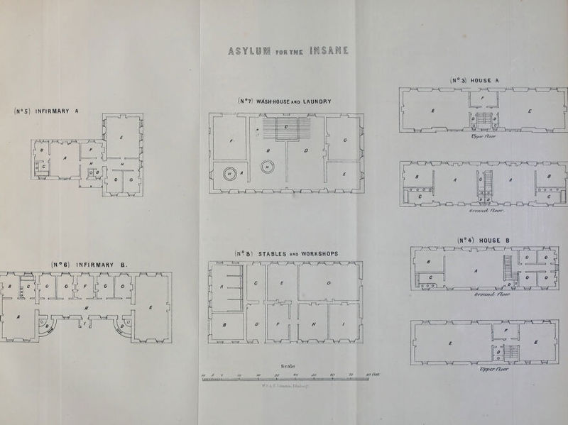 (n?8) stables and workshops Scale JO J 0 ro 2C jff *o JO 6o 70 go/'e^i^ iN°3) HOUSE A (N°4) house B Vpper floor
