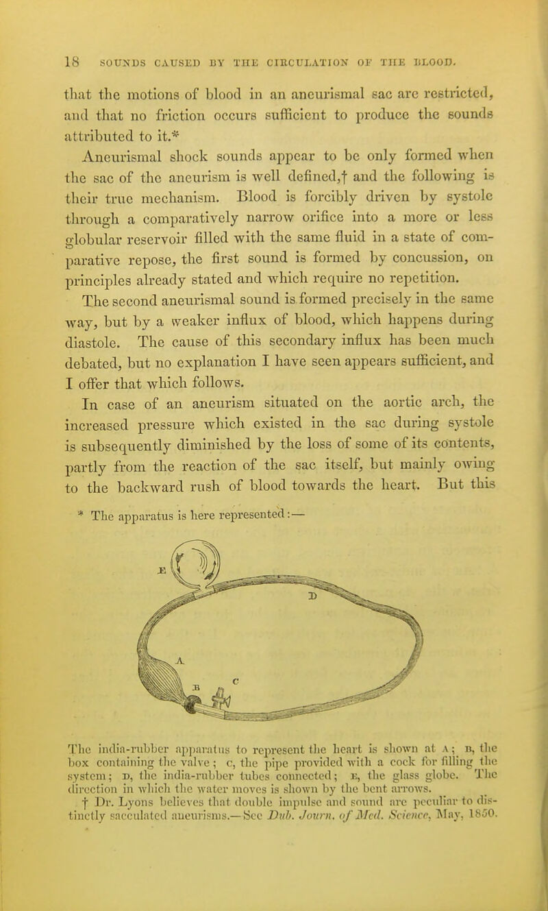 that the motions of blood in an ancurismal sac arc restricted, and that no friction occurs sufficient to produce the sounds attributed to it.* Aneurisnial shock sounds appear to be only fonned when the sac of the aneurism is well defined,! and the following ia their true mechanism. Blood is forcibly driven by systole tlxrough a comparatively narrow orifice into a more or less o-lobular reservoir filled with the same fluid in a state of com- It) parative repose, the first sound is formed by concussion, on principles already stated and which require no repetition. The second aneurismal sound is formed precisely in the same way, but by a weaker influx of blood, which happens during diastole. The cause of this secondary influx has been much debated, but no explanation I have seen appears sufficient, and I offer that which follows. In case of an aneurism situated on the aortic arch, the increased pressure which existed in the sac during systole is subsequently diminished by the loss of some of its contents, partly from the reaction of the sac itself, but mainly owing to the backward rush of blood towards the heart. But this * The apparatus is here represented:— The iiulia-rubhcr apparatus to represent the heart is shown at a; b, the box containing the valve; c, the pipe provided with a cock for filling the system; d, the india-rubber tubes connected; e, the glass globe. The (iircction in which the water moves is shown by the bent arrows. ■j Dr. Lyons believes that double impulse and sound arc pccidiar to dis- tinctly sacculated aueurisnis.— iSce Diib. Joxmi. of Med. Science, IVIay, 1850.