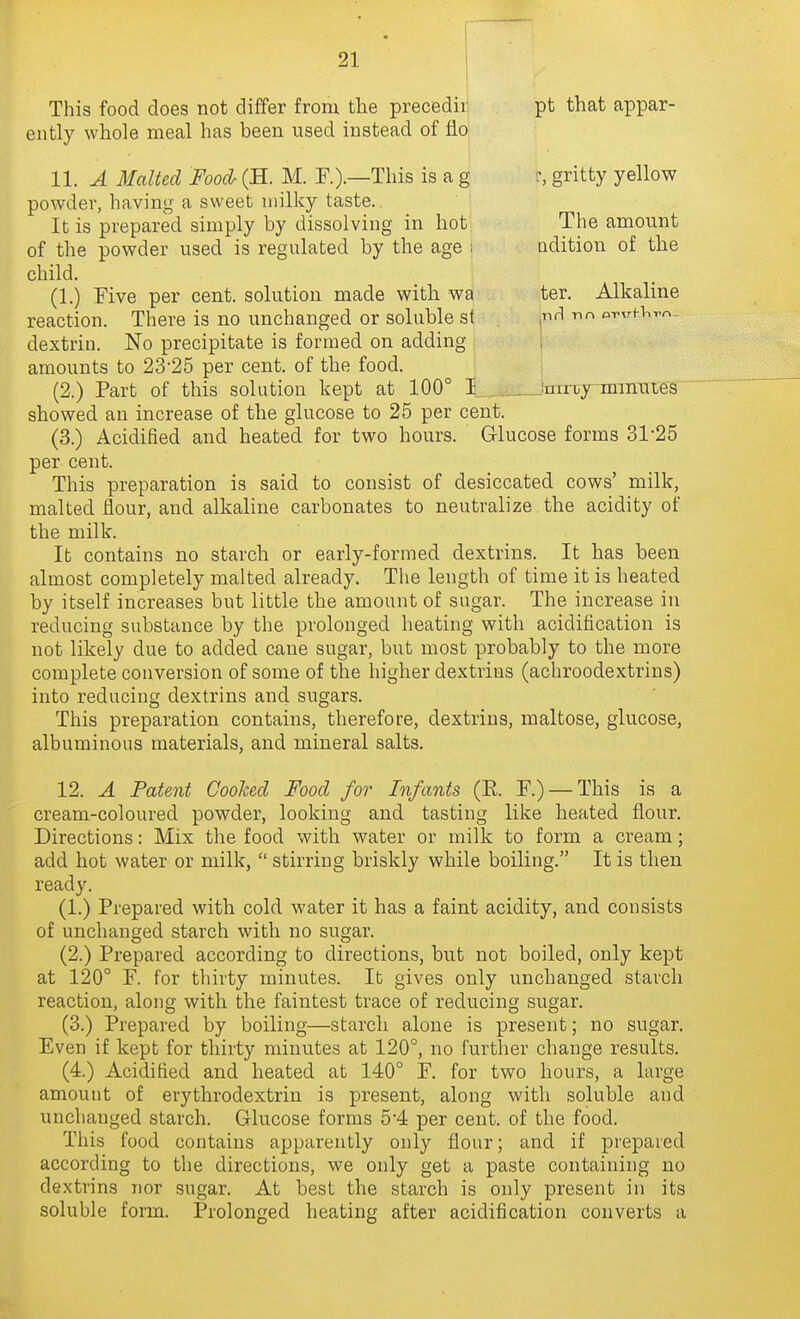 This food does not differ frona tlie precedir ently whole meal has been used instead of flo pt that appar- gritty yellow The amount ndition of the ter. Alkaline 11. A Malted Food (H. M. F.).—This is a g powder, having a sweet milky taste. It is prepared simply by dissolving in hot of the powder used is regulated by the age i child. (1.) Five per cent, solution made with wa reaction. There is no unchanged or soluble st dextrin. No precipitate is formed on adding i amounts to 23'25 per cent, of the food. (2.) Part of this solution kept at 100° I ,___fnTri;yTmiiutes showed an increase of the glucose to 25 per cent. (3.) Acidified and heated for two hours. Glucose forms 31-25 per cent. This preparation is said to consist of desiccated cows' milk, malted flour, and alkaline carbonates to neutralize the acidity of the milk. It contains no starch or early-formed dextrins. It has been almost completely malted already. The length of time it is heated by itself increases but little the amount of sugar. The increase in reducing substance by the prolonged heating with acidification is not likely due to added cane sugar, but most probably to the more complete conversion of some of the higher dextrins (achroodextrins) into reducing dextrins and sugars. This preparation contains, therefore, dextrins, maltose, glucose, albuminous materials, and mineral salts. 12. A Patent Cooked Food for Infants (E. F.) —This is a cream-coloured powder, looking and tasting like heated flour. Directions: Mix the food with water or milk to form a cream; add hot water or milk,  stirring briskly while boiling. It is then ready. (1.) Prepared with cold water it has a faint acidity, and consists of unchanged starch with no sugar. (2.) Prepared according to directions, but not boiled, only kept at 120° F. for thirty minutes. It gives only unchanged starch reaction, along with the faintest trace of reducing sugar. (3.) Prepared by boiling—starch alone is present; no sugar. Even if kept for thirty minutes at 120°, no further change results. (4.) Acidified and heated at 140° F. for two hours, a large amount of erythrodextrin is present, along with soluble and unchanged starch. Glucose forms 5'4 per cent, of the food. This food contains apparently only flour; and if prepared according to the directions, we only get a paste containing no dextrins nor sugar. At best the starch is only present in its soluble form. Prolonged heating after acidification converts a