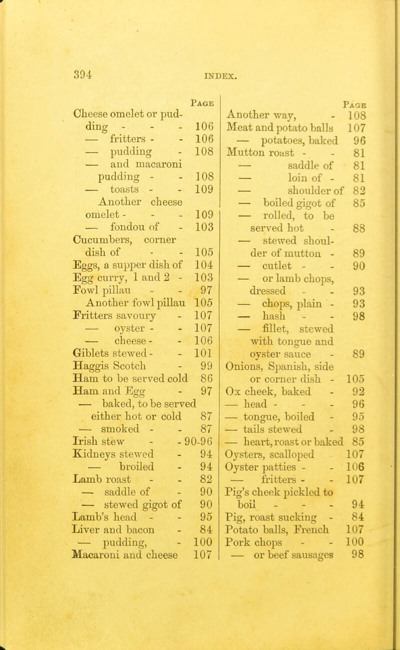 Page Cheese omelet or pud- ding - - - 106 — fritters - - 106 — pudding - 108 — and macaroni pudding - - 108 — toasts - - 109 Another cheese omelet- - - 109 — fondou of - 103 Cucumbers, corner dish of - - 105 Eggs, a supper dish of 104 Egg curry, 1 and 2 - 103 Fowl pillau - - 97 Another fowl pillau 105 Fritters savouiy - 107 — oyster - - 107 — cheese- - 106 Giblets stewed - - 101 Haggis Scotch - 99 Ham to be serTOd cold 86 Ham and Egg - 97 — baked, to be served either hot or cold 87 — smoked - - 87 Irish stew - - 90-96 Kidneys stewed - 94 — broUed - 94 Lamb roast - - 82 — saddle of - 90 — stewed gigot of 90 Lamb's head - - 95 Liver and bacon - 84 — pudding, - 100 Macaroni and cheese 107 Page Another way, - 108 Meat and potato balls 107 — potatoes, baked 96 Mutton roast - - 81 — saddle of 81 — loin of - 81 — shoulder of 83 — boiled gigot of 85 — rolled, to be served hot - 88 — stewed shoul- der of mutton - 89 — cutlet - - 90 — or lamb chops, dressed - - 93 — chops, plain - 93 — hash - - 98 — fillet, stewed with tongue and oyster sauce - 89 Onions, Spanish, side or corner dish - 105 Ox cheek, baked - 92 — head - - - 96 — tongue, boiled - 95 — tails stewed - 98 — heart, roast or baked 85 Oysters, scalloped 107 Oyster patties - - 106 — fritters - - 107 Pig's cheek pickled to boil - - - 94 Pig, roast sucldng - 84 Potato balls, French 107 Pork chops - - 100 — or beef sausages 98