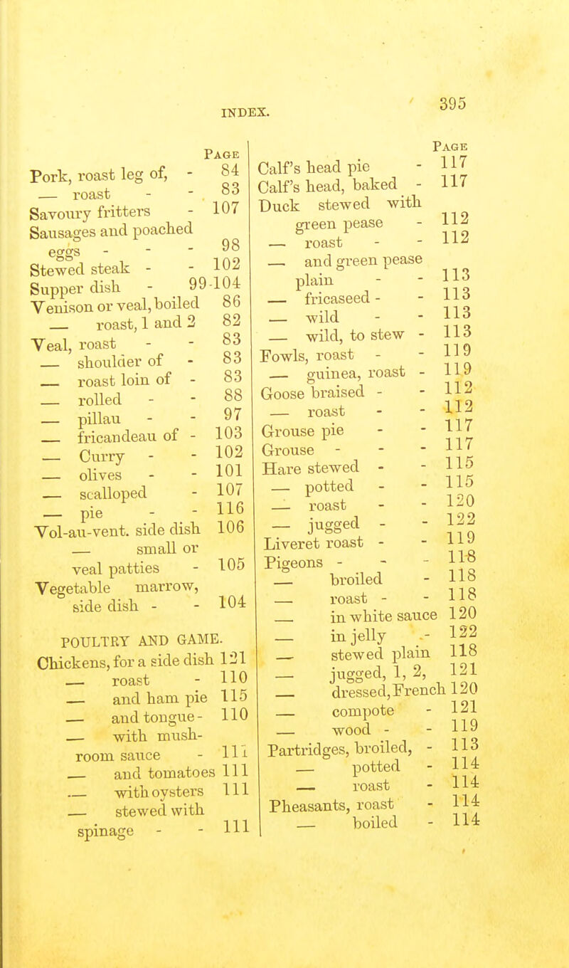 Page Pork, roast leg of, - 84 — roast - - 83 Savoury fritters - 107 Sausages and poached eggs - - - 98 Stewed steak - - 102 Supper dish - 99-104 Venison or veal, boiled 8 6 roast, 1 and 2 82 Veal, roast - ' H shoulder of - 83 roast loin of - 83 rolled - - 88 — pillau - - 97 fricandeau of - 103 _ Curry - - 102 — olives - - 101 — scalloped - 107 — pie - - 116 Vol-au-vent. side dish 106 — small or veal patties - 105 Vegetable marrow, side dish - - 104 POULTPvY AND GAME. Chickens, for a side dish 121 — roast - 110 — and ham pie 115 — and tongue- 110 — with mush- room sauce - 11 J- and tomatoes 111 with oysters 111 — stewed with spinage - - HI Page Calf's head pie - Calf's head, baked - 117 Duck stewed with m-een pease - 112 .— roast - - ^^^ — and green pease plain - - 113 — fricaseed - - 113 _ wild - - 113 — wild, to stew - 113 Fowls, roast - - 119 — guinea, roast - 119 Goose braised - - 112 _ roast - - 112 Grouse pie - - 117 Grouse - - - ii( Hare stewed - - 115 _ potted - - 115 _ roast - - 120 — jugged - - 122 Liveret roast - - 119 Pigeons - -  ■'■^^ broiled - US — roast - - 118 in white sauce 120 in jelly - 122 stewed plain 118 — jugged, 1, 2, 121 dressed, French 120 compote - 121 — wood - - 119 Partridges, broiled, - 113 _ potted - 114 _ roast - 114 Pheasants, roast - 114 _ boiled - 114