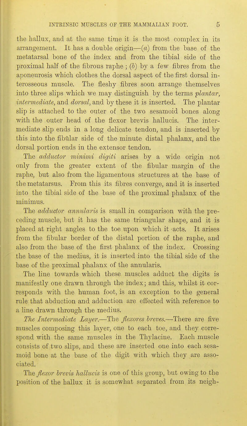 the hallux, and at the same time it is the most complex in its arrangement. It has a double origin—(a) from tlie base of the metatarsal bone of the index and from the tibial side of the proximal half of the fibrous raphe ; (&) by a few fibres from the aponeurosis which clothes the dorsal aspect of the first dorsal in- terosseous muscle. The fleshy fibres soon arrange themselves into three slips which we may distinguish by the terms plantar, intermediate, and dorsal, and by these it is inserted. The plantar slip is attached to the outer oE the two sesamoid bones along with the outer head of the flexor brevis hallucis. The inter- mediate slip ends in a long delicate tendon, and is inserted by this into the fibular side of the minute distal phalanx, and the dorsal portion ends in the extensor tendon. The adductor minimi digiti arises by a wide origin not only from the greater extent of the fibular margin of the raphe, but also from the ligamentous structures at the base of the metatarsus. From this its fibres converge, and it is inserted into the tibial side of the base of the proximal phalanx of the minimus. The adductor anmdaris is small in comparison with the pre- ceding muscle, but it has the same triangular shape, and it is placed at right angles to the toe upon which it acts. It arises from the fibular border of the distal portion of the raphe, and also from the base of the first phalanx of the index. Crossing the base of the medius, it is inserted into the tibial side of the base of the proximal phalanx of the annularis. The line towards which these muscles adduct the digits is manifestly one drawn through the index; and this, whilst it cor- responds with the human foot, is an exception to the general rule that abduction and adduction are effected with reference to a line drawn through the medius. The Intermediate Layer.—The fiexores ireves.—There are five muscles composing this layer, one to each toe, and they corre- spond with the same muscles in the Thylacine. Each muscle consists of two slips, and these are inserted one into each sesa- moid bone at the base of the digit with which they are asso- ciated. The Jlexor hrevis halhicis is one of this group, but owing to the position of the hallux it is somewhat separated from its neigh-