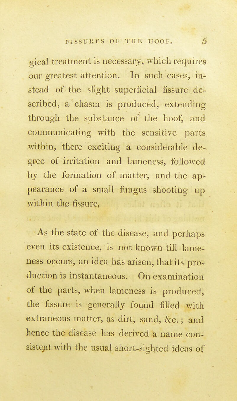 gieai treatment is necessary, which requires our greatest attention. In such cases, in- stead of the slight superficial fissure de- scribed, a chasm is produced, extending through the substance of the hoof, and communicating with the sensitive parts within, there exciting a considerable de- gree of irritation and lameness, followed by the formation of matter, and the ap- pearance of a small fungus shooting up within the fissure, As the state of the disease, and perhaps even its existence, is not known till lame- ness occurs, an idea has arisen, that its pro- duction is instantaneous. On examination of the parts, when lameness is produced, the fissure- is generally found filled with extraneous matter, as dirt, sand, &c.; and hence the disease has derived a name con- sistent with the usual short-sighted ideas of