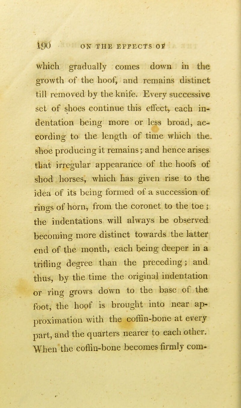 which gradually comes down in the growth of the hoof, and remains distinct till removed by the knife. Every successive set of shoes continue this effect, each in- dentation being more or less broad, ac- cording to the length of time which the.. shoe producing it remains; and hence arises that irregular appearance of the hoofs of shod horses, which has given rise to the idea of its being formed of a succession of rings of horn, from the coronet to the toe j the indentations will always be observed becoming more distinct towards the lattei* end of the month, each being deeper in a trifling degree than the preceding; and thus, by the time the original indentation or ring grows down to the base of the foot, the hoof is brought into near ap- proximation with the coffin-bone at every part, and the quarters nearer to each other. When the coffin-bone becomes firmly com-